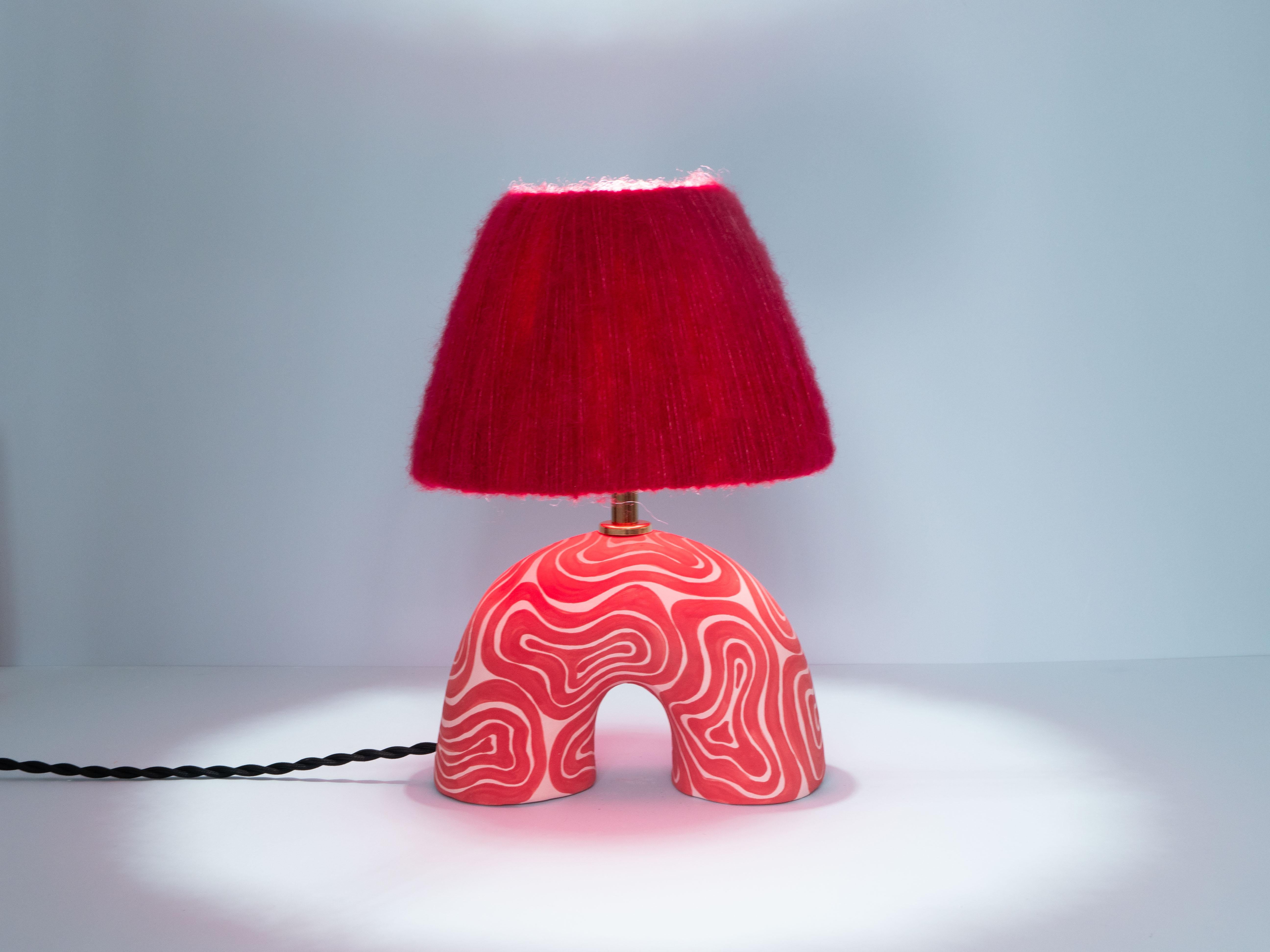 Red & Pink Swirl Pattern with a Matte Finish and Red Mohair Silk Shade

Estimated processing time is 2 weeks from order confirmation.

Pictured with a Mini Globe LED E27 Bulb. Bulb not included.

If you would like to alter the colour of the lamp or