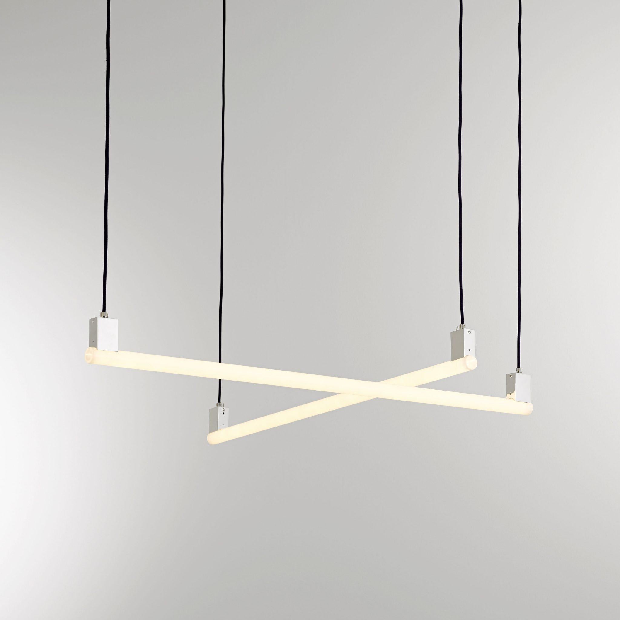 Mea suspension 100 by Kaia
Dimensions: 100 x 8 x 2.9 cm
Linear opal LED S14s*, 15W, 2700 K, 
Mains( Phase) dimmable, 1000 lm
Materials: Brushed brass, Acrylic 

Also available: Polished nickel, brushed nickel, patinated brass, blackened brass,