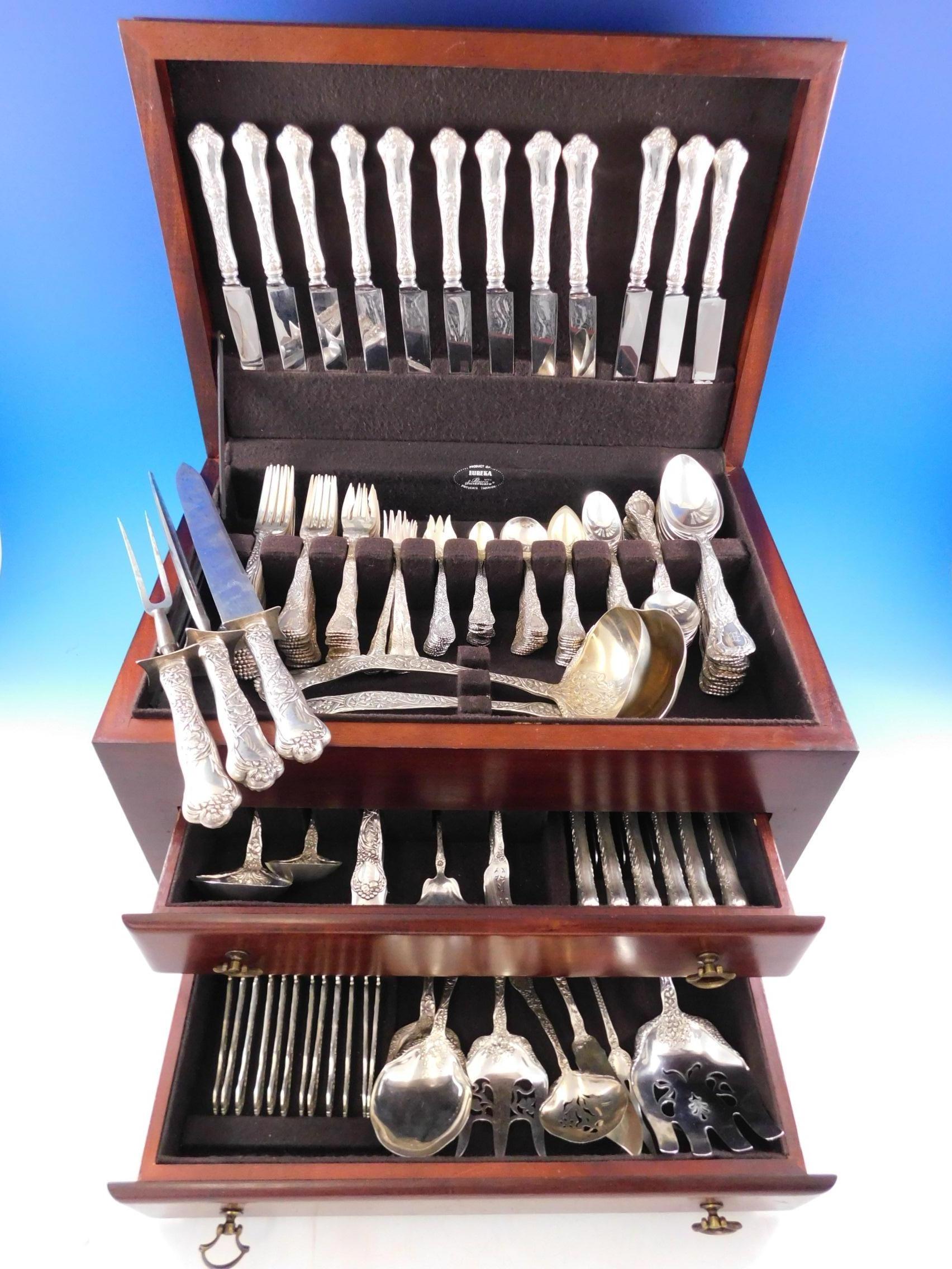 Superb Meadow by Gorham sterling silver Flatware set - 198 pieces including many fabulous serving pieces. This multi-motif pattern features various finely detailed scenes of flowers, cattails, clover, grasses, and foliage found in the American
