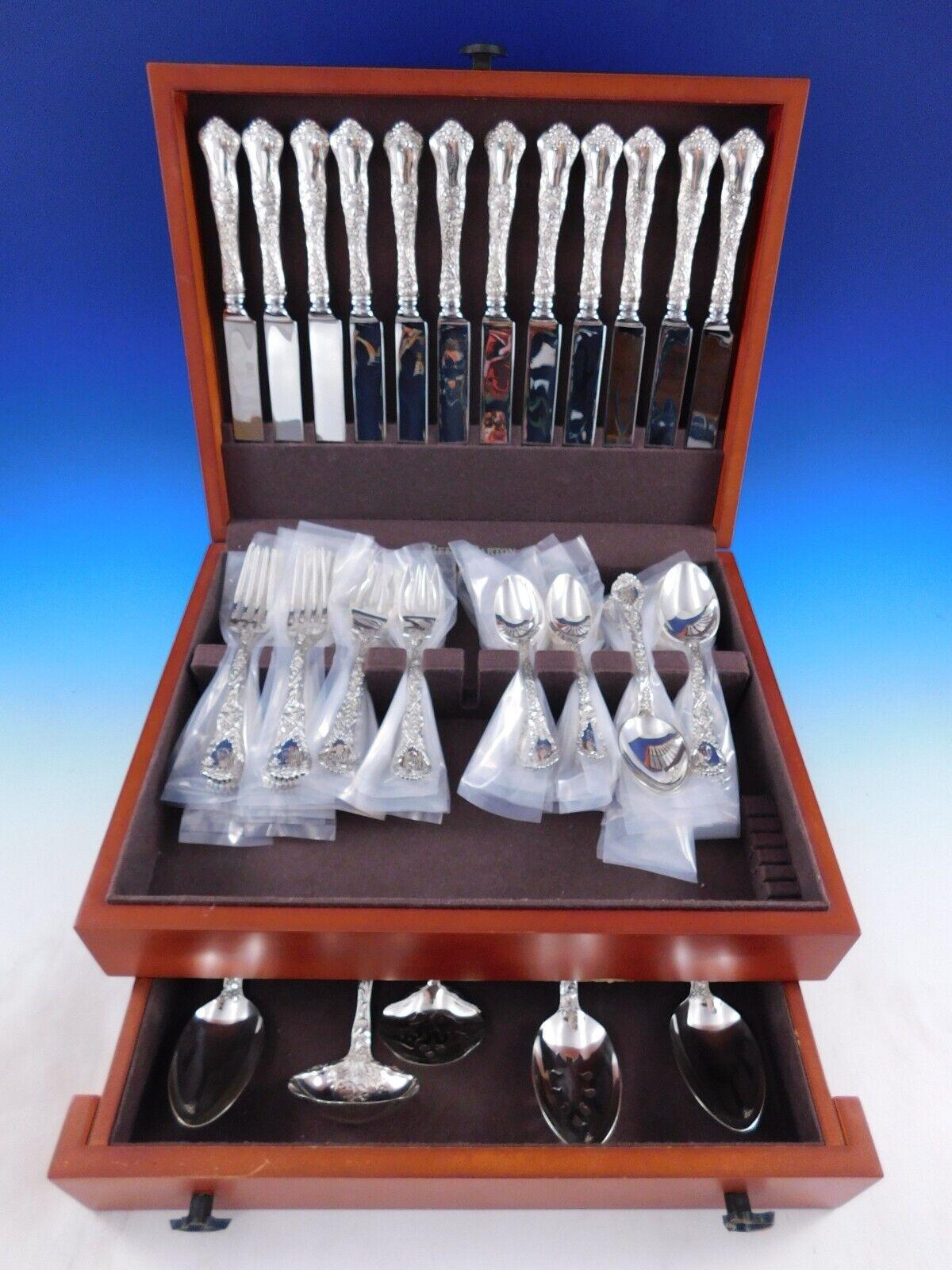Dinner Size Meadow by Gorham sterling silver Flatware set - 65 pieces. 
This multi-motif pattern features various finely detailed scenes of flowers, cattails, clover, grasses, and foliage found in the American Meadow. The pattern was designed by