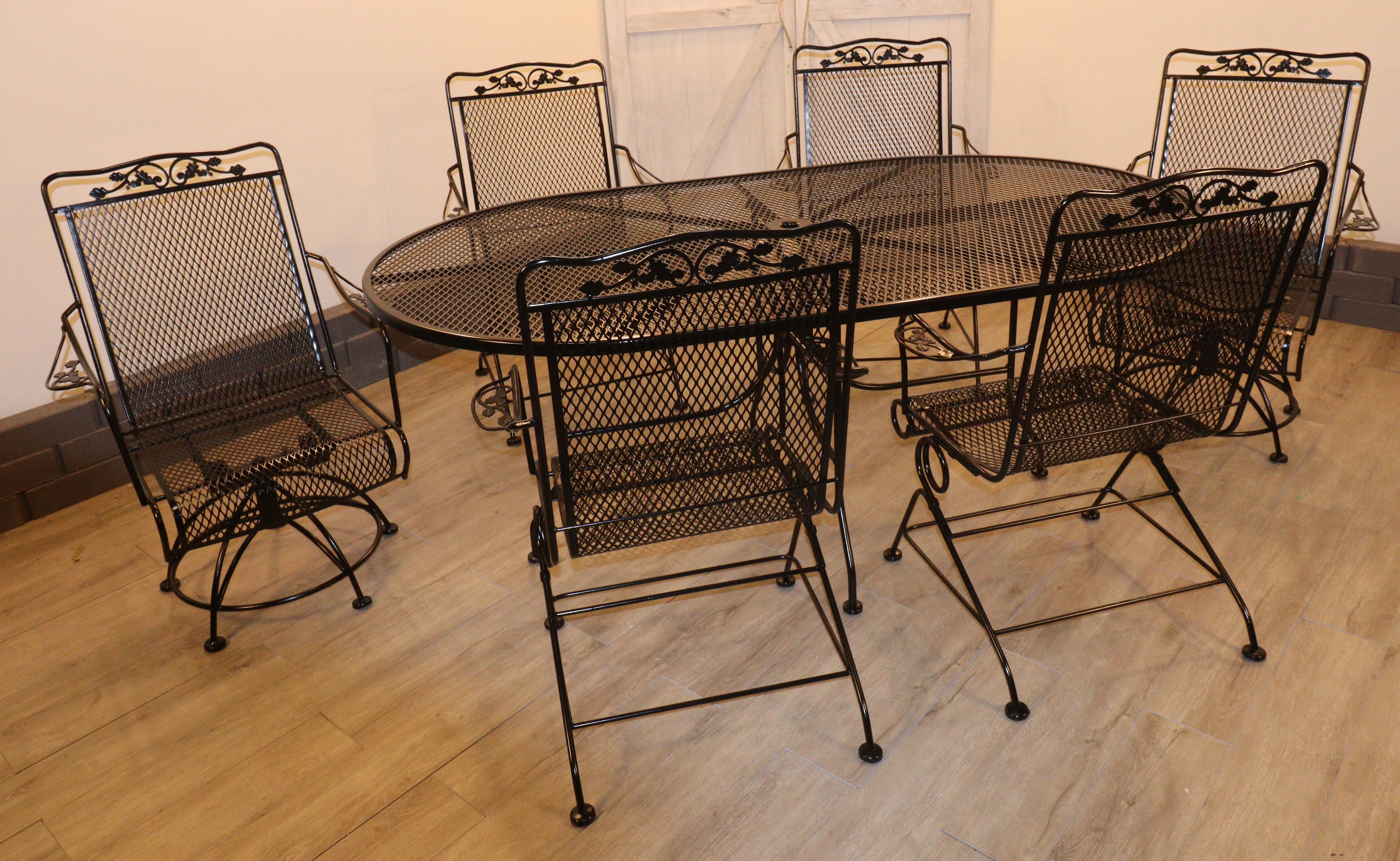 Meadow Craft Acorn and Oak Leaf Wrought Iron Family Patio Set Six Chairs and Tab For Sale 8