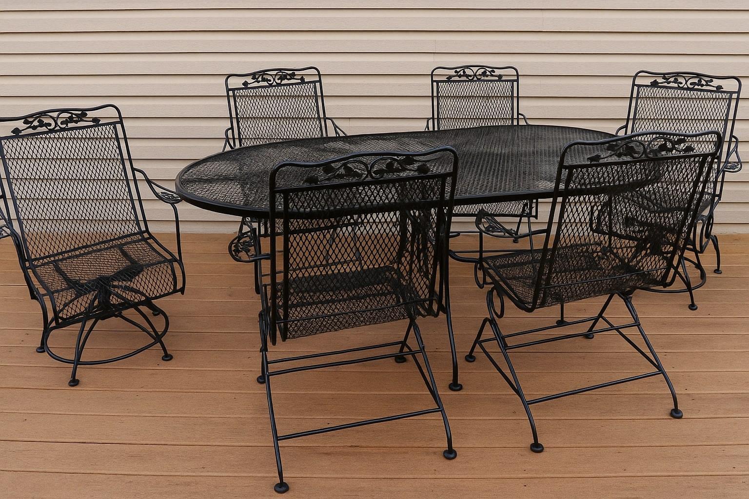 Featuring the Meadow Craft Acorn and Oak Leaf Wrought Iron Six-Chair Family Patio Set—a stunning combination of elegance, durability, and nature-inspired design for your outdoor living space. This beautiful patio set is crafted from high-quality