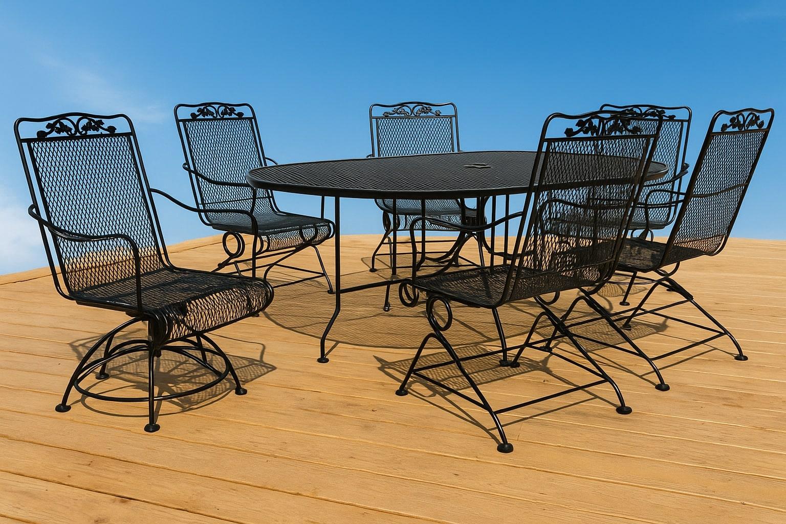 Il set da patio per famiglie in ferro battuto con foglie di Oak e ghianda di Meadow Craft è una splendida combinazione di eleganza, durata e design ispirato alla natura per il tuo spazio all'aperto. Questo bellissimo set da terrazza è realizzato in