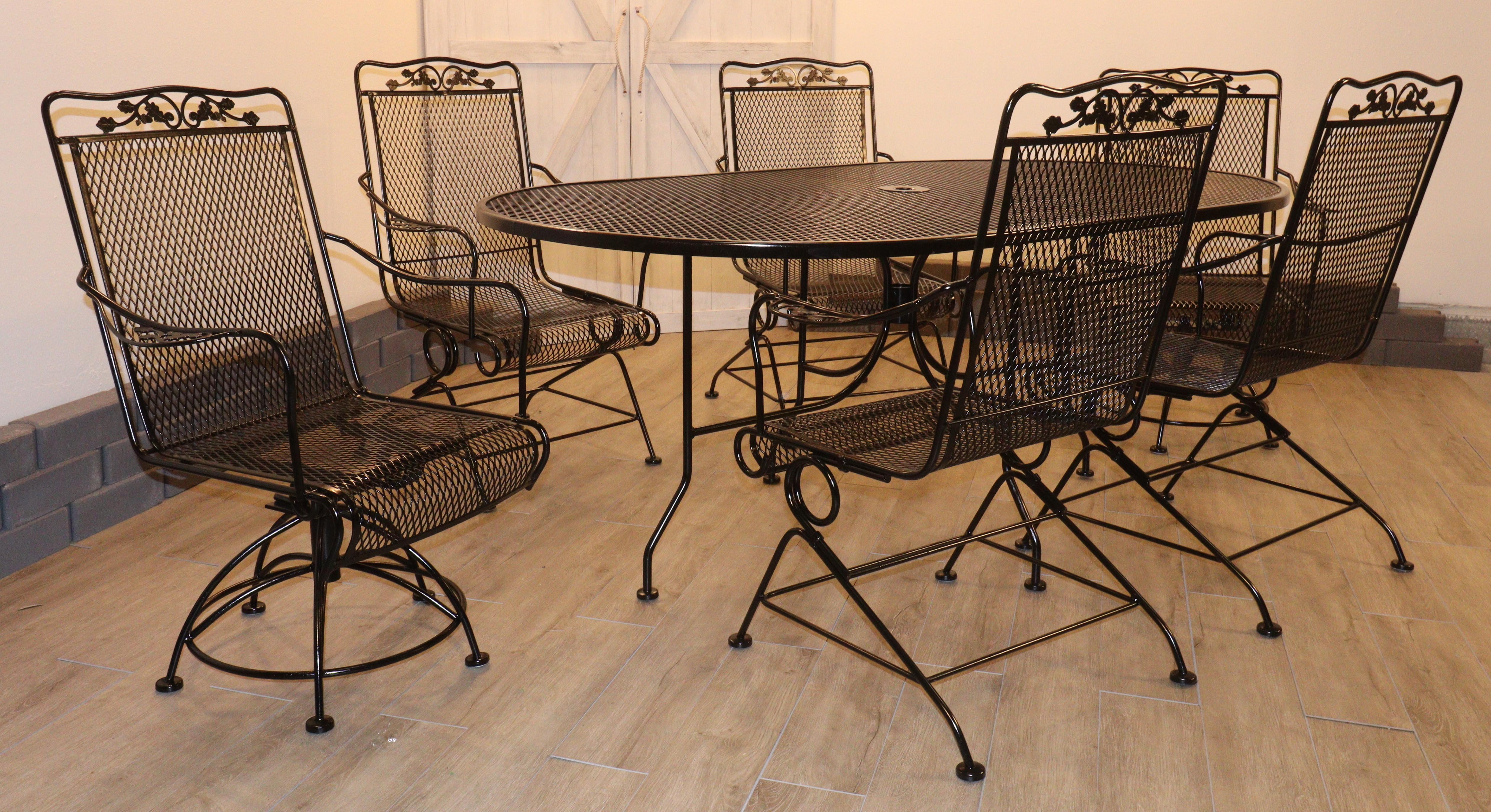 Late 20th Century Meadow Craft Acorn and Oak Leaf Wrought Iron Family Patio Set Six Chairs and Tab For Sale