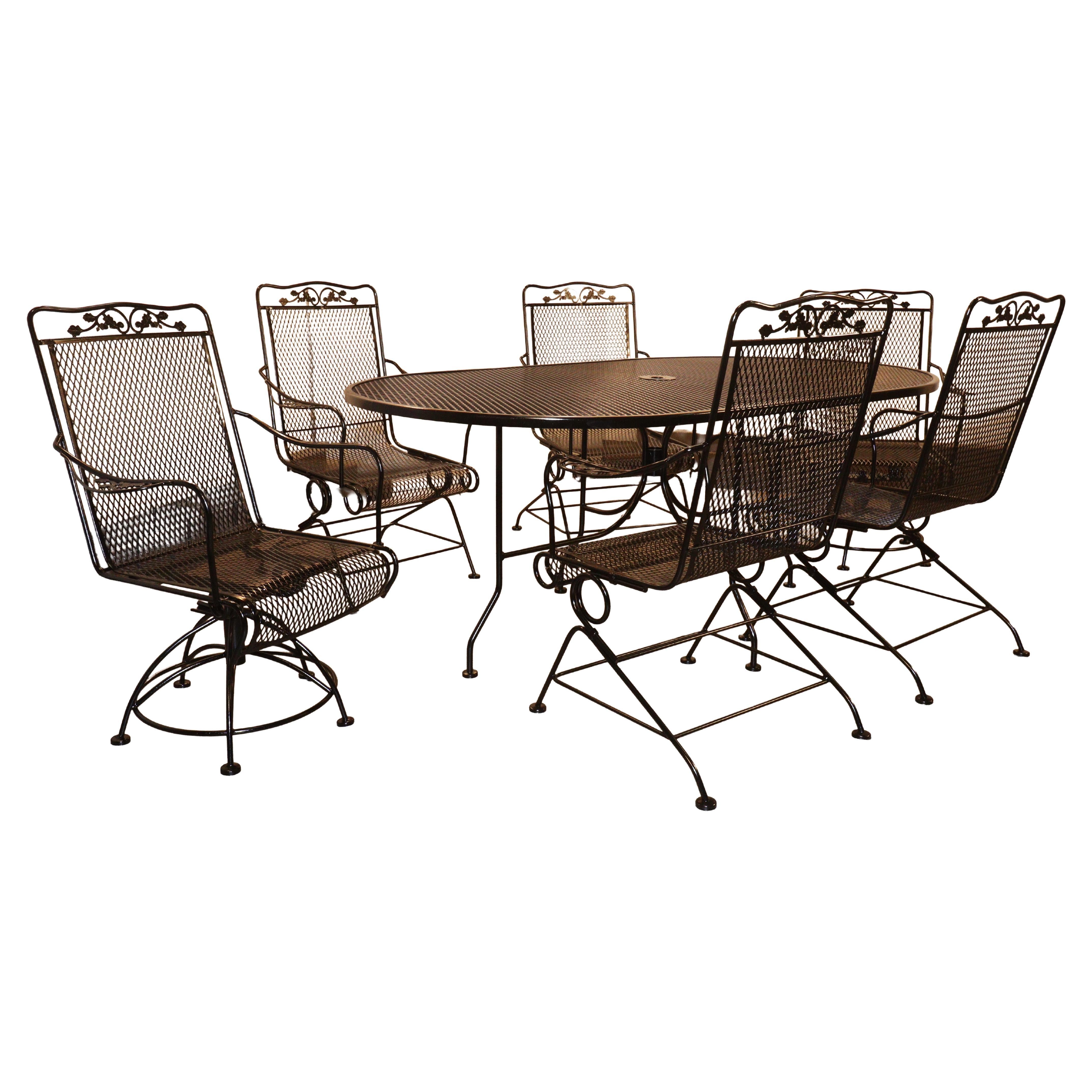 Meadow Craft Acorn and Oak Leaf Wrought Iron Family Patio Set Six Chairs and Tab For Sale