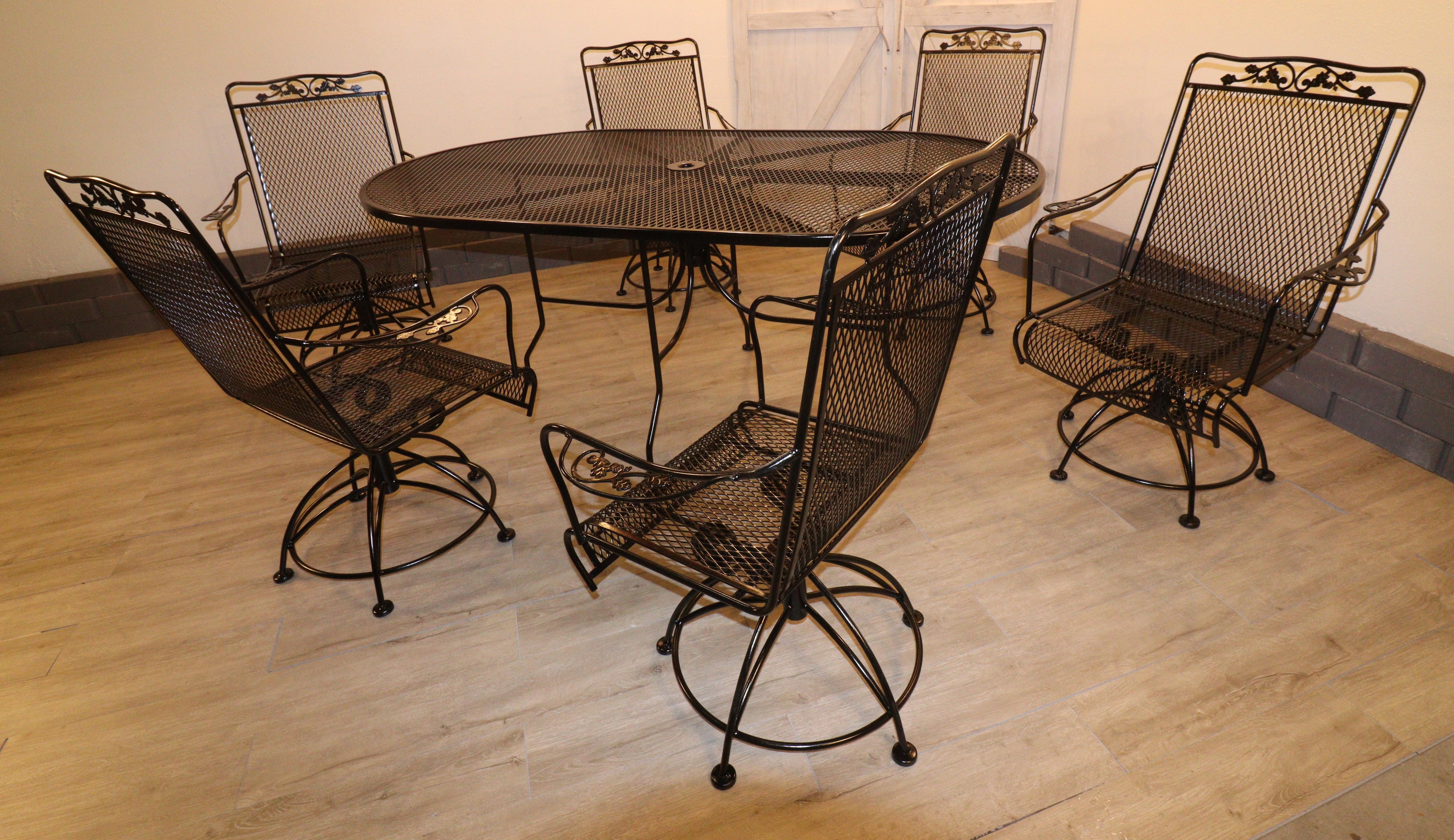 Meadow Craft “Dogwood” Wrought Iron Swivel Rocker Dining Chairs with 72″ Wrought Iron Dining Table – Professionally Coated for Durability

Add timeless elegance to your outdoor space with this meticulously crafted Meadow Craft “Dogwood” Wrought Iron