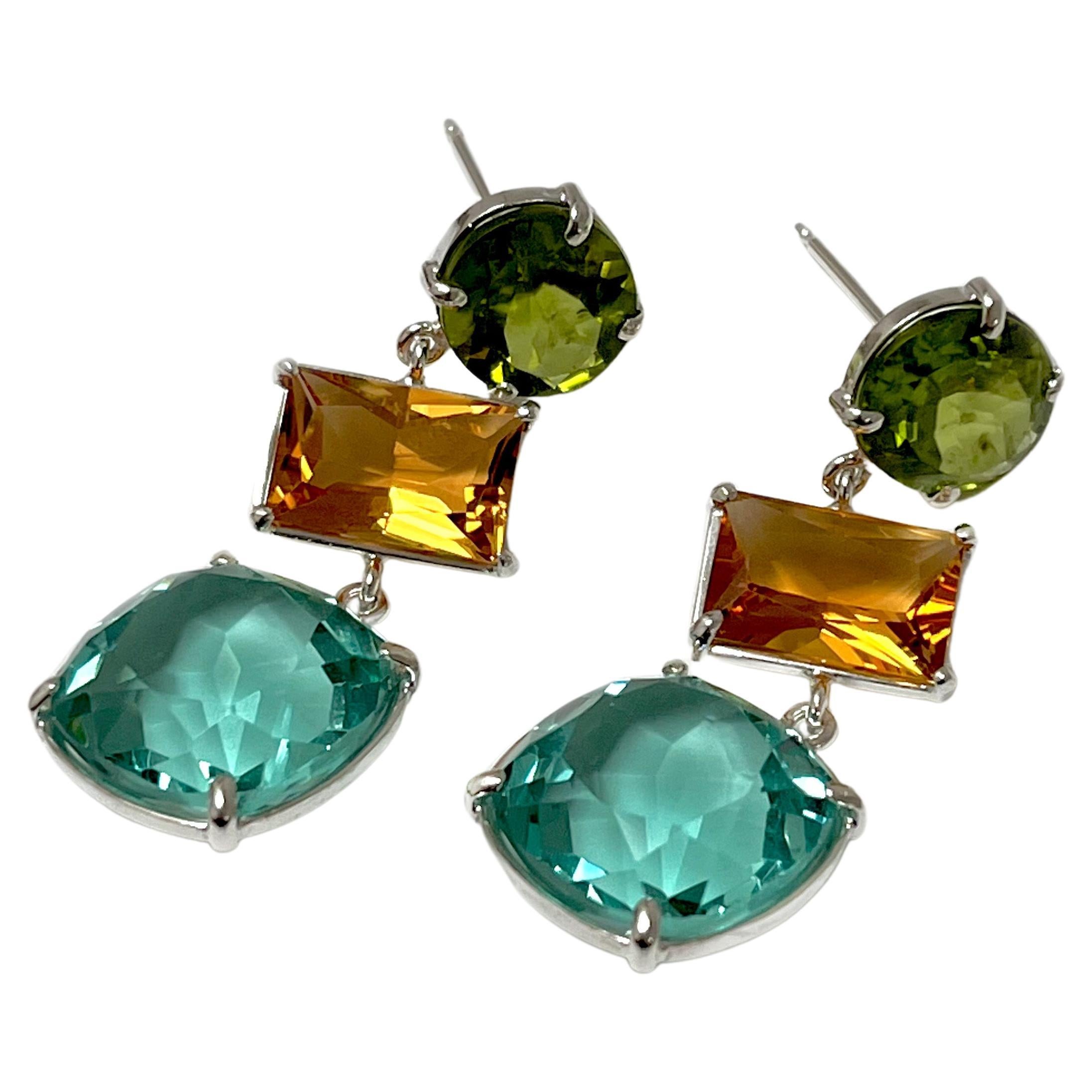 Boucles d'oreilles Meadow en quartz orange et aigue-marine, péridot et argent sterling
