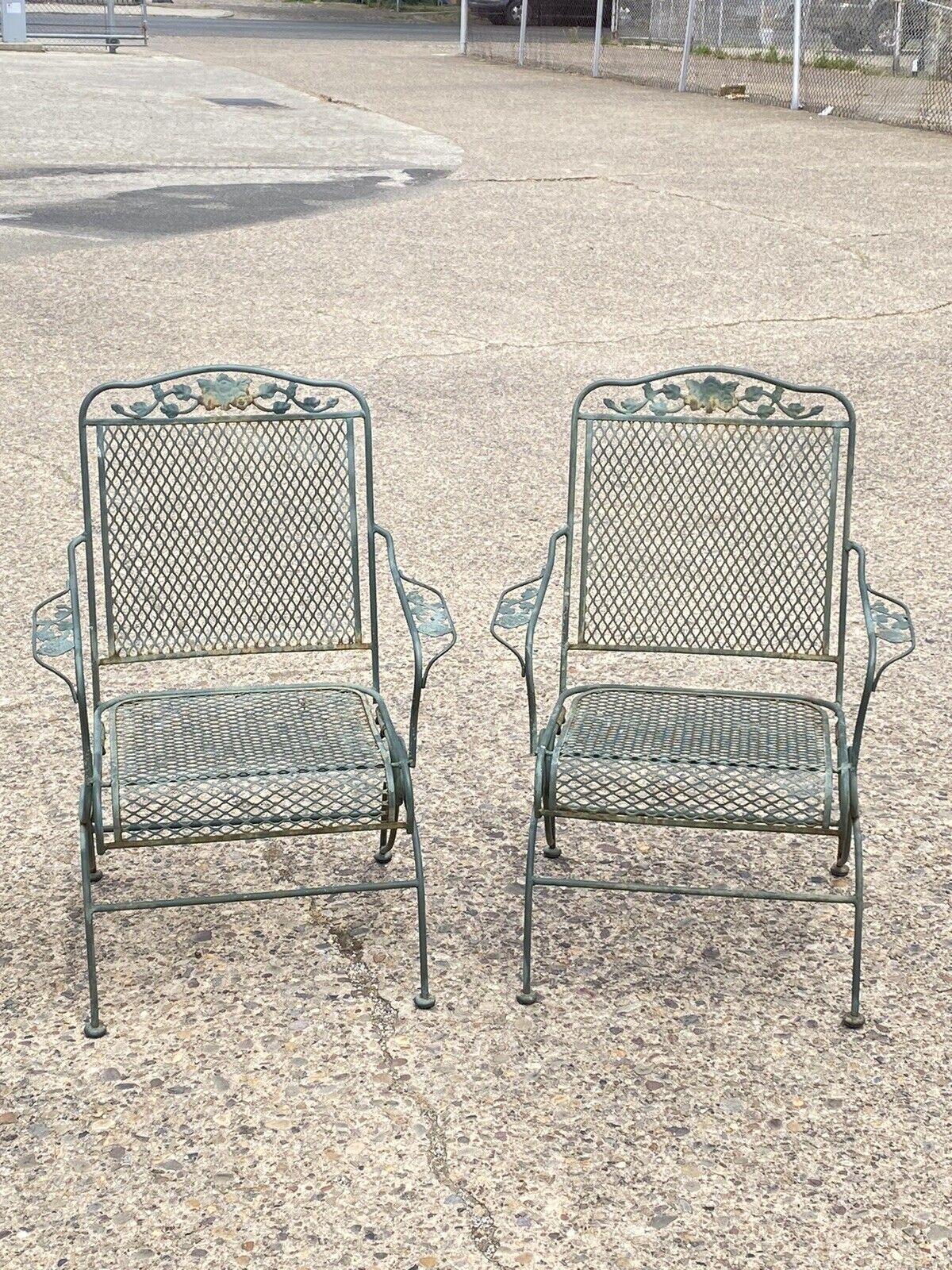 Vintage Byadowcraft Dogwood Green Wrought Iron Outdoor Patio Coil Spring Chairs - a Pair. Circa Mid to Late 20th Century. Dimensions : 38