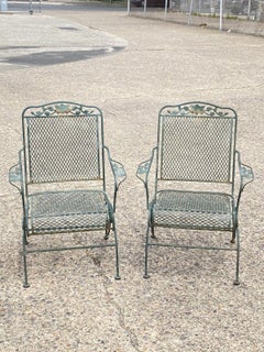 Meadowcraft Dogwood Green Wrought Iron Outdoor Patio Coil Spring Chairs, Pair