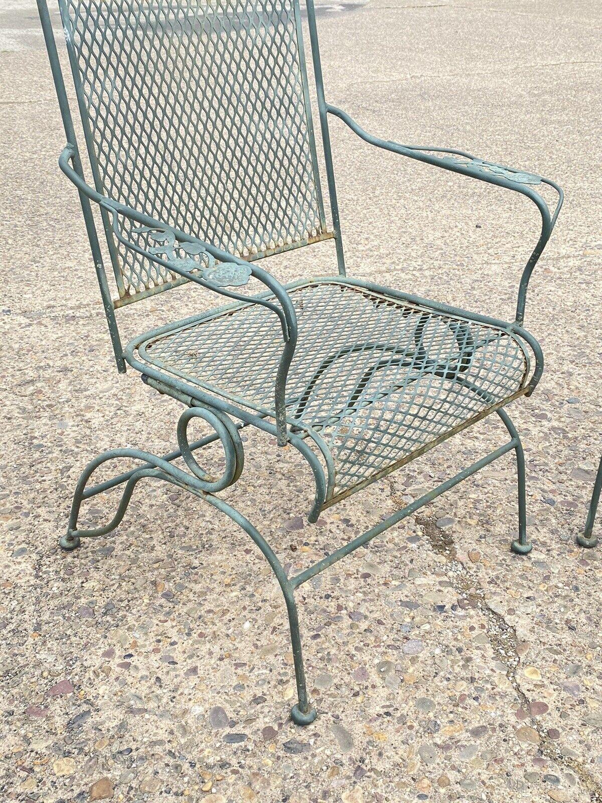 20th Century Meadowcraft Dogwood Green Wrought Iron Outdoor Patio Coil Spring Chairs, Pair For Sale