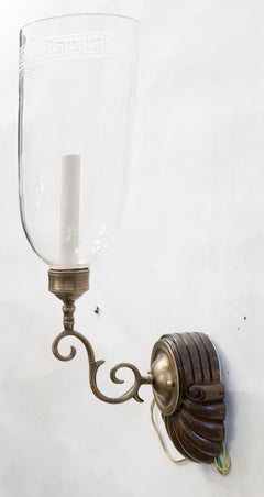 Pair of David Duncan Scallop Sconces with Greek Fret Etched Hurricane Shades