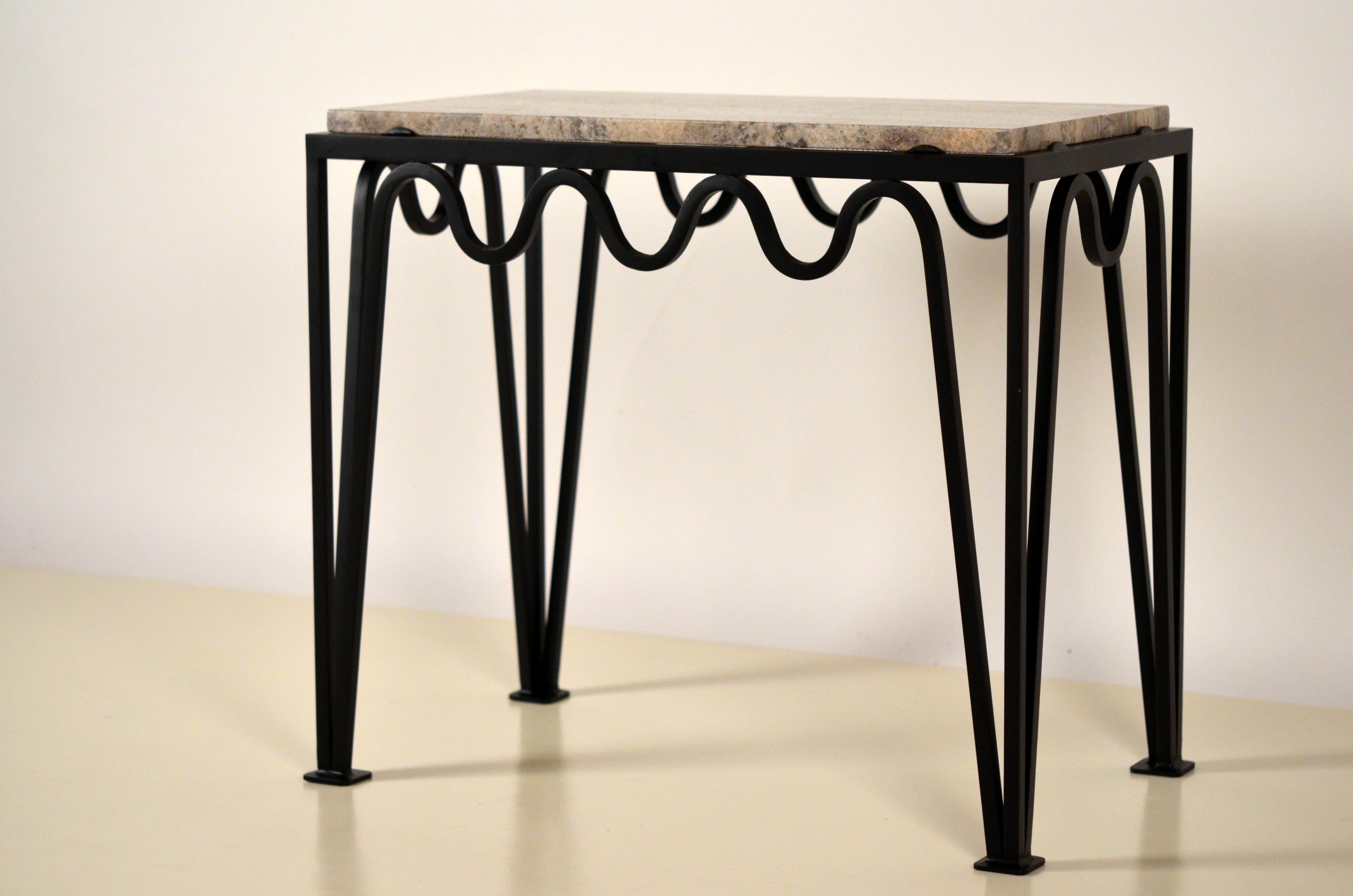 Blackened 'Méandre' Black Iron and Silver Travertine Side or End Table by Design Frères For Sale