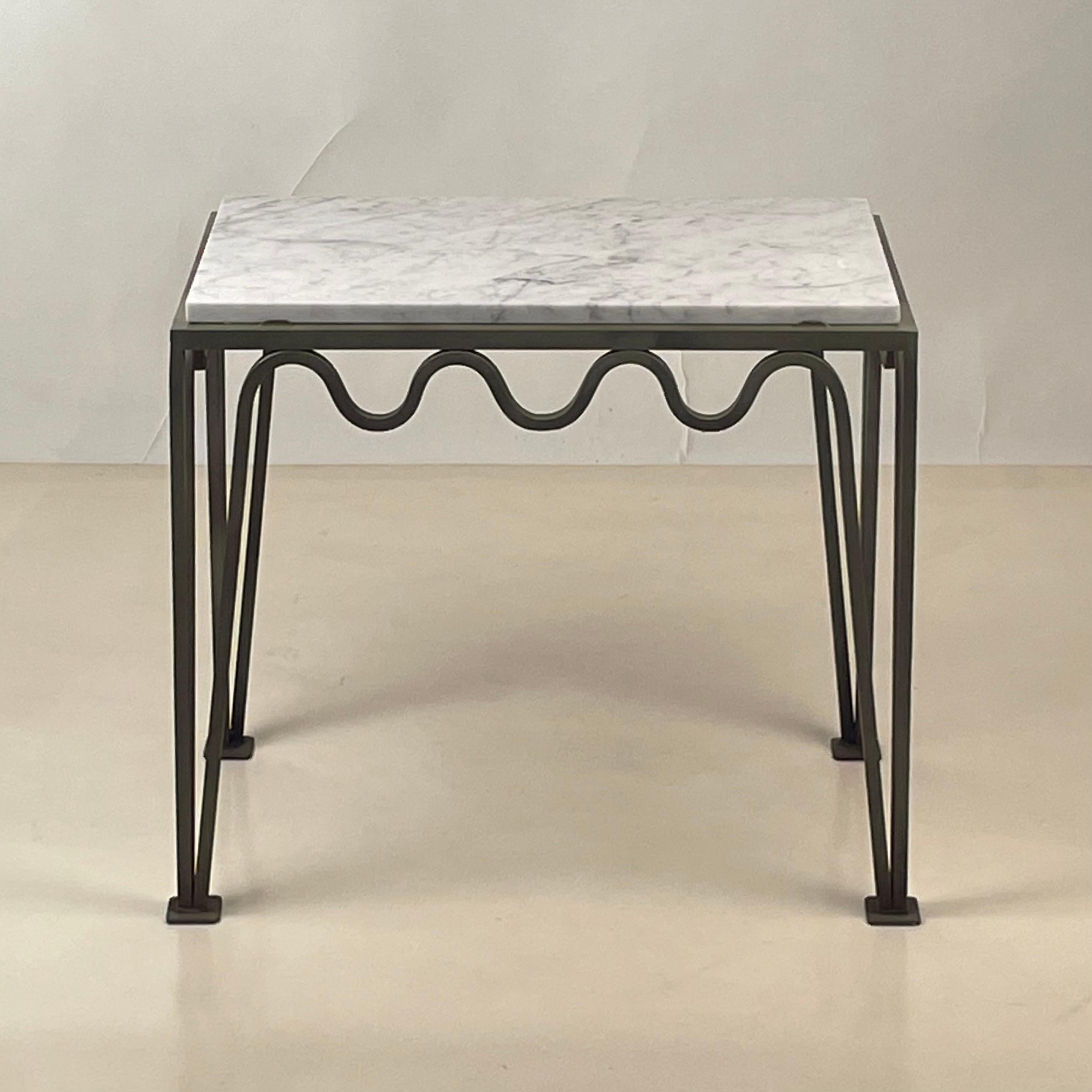 'Méandre' verdigris steel and veined white marble side or end table by DESIGN FRÈRES®.