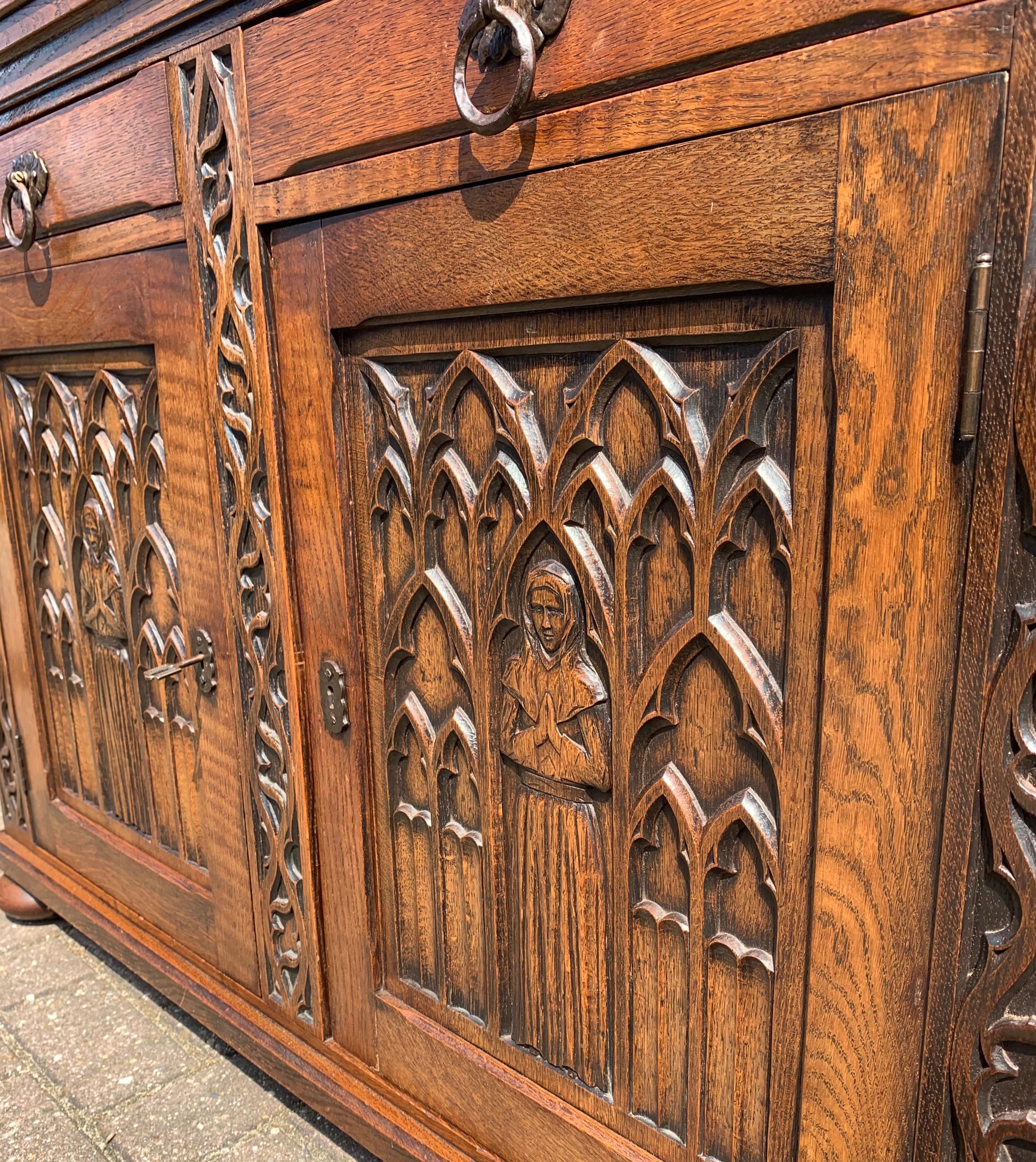 Meaningful Gothic Revival Cabinet / Small Credenza with Praying Nun Sculptures 1