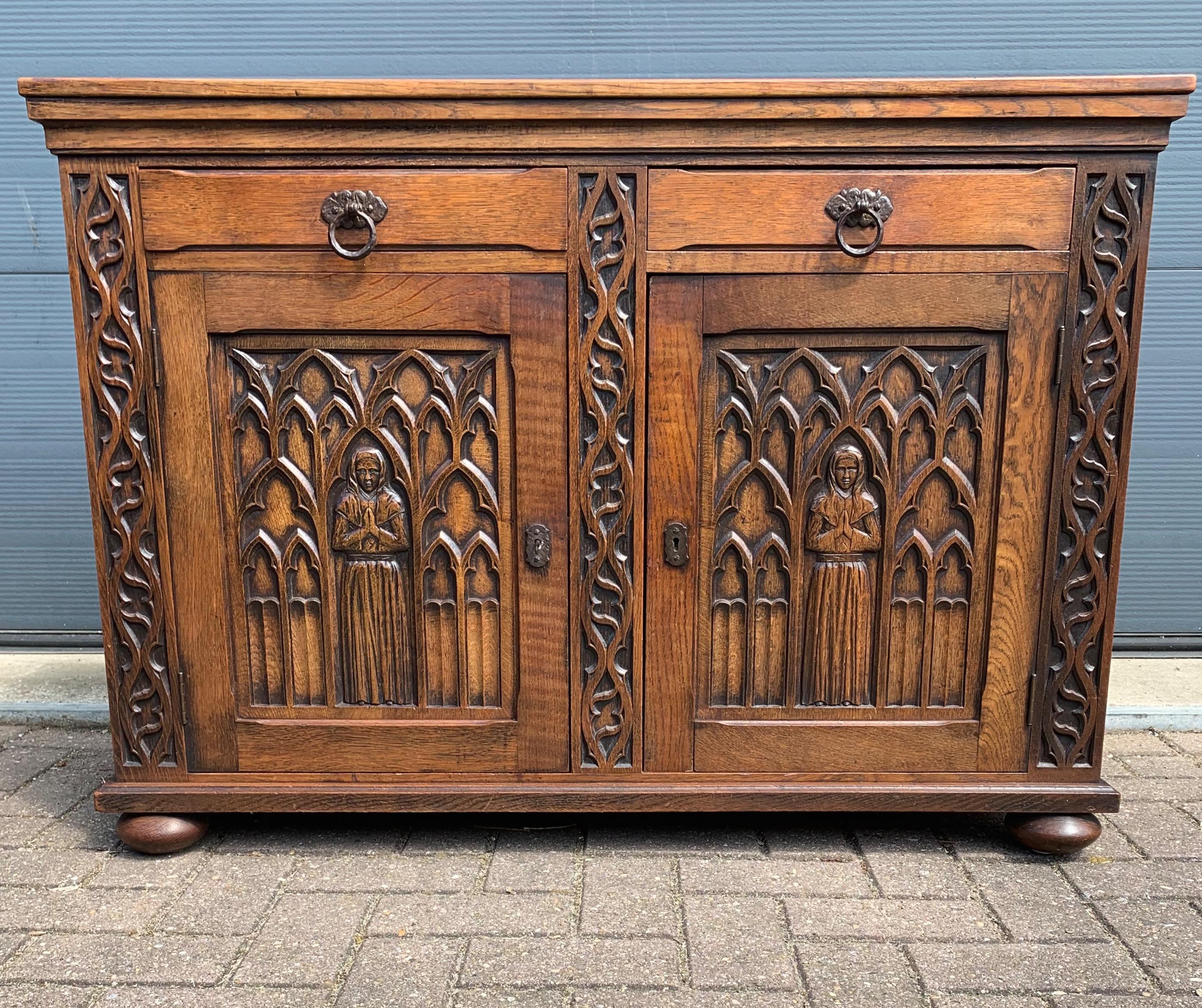 Meaningful Gothic Revival Cabinet / Small Credenza with Praying Nun Sculptures 10