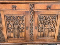 Meaningful Gothic Revival Cabinet / Small Credenza with Praying Nun Sculptures