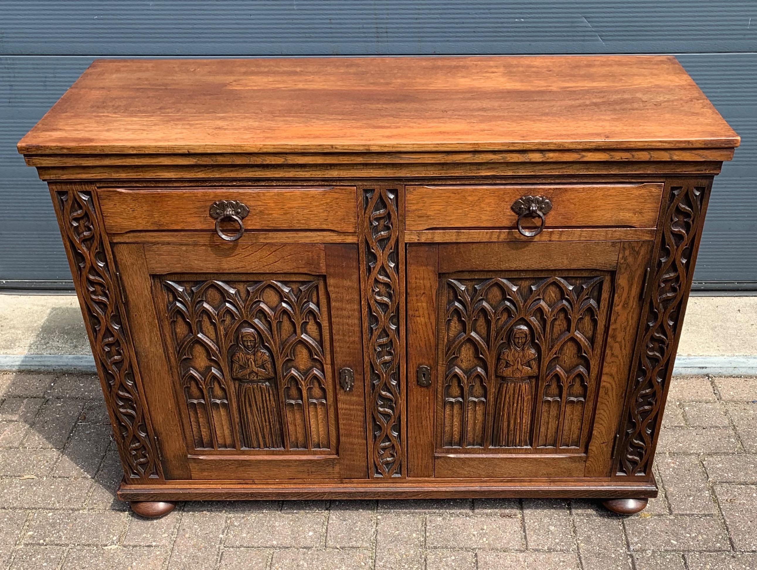 Dutch Meaningful Gothic Revival Cabinet / Small Credenza with Praying Nun Sculptures