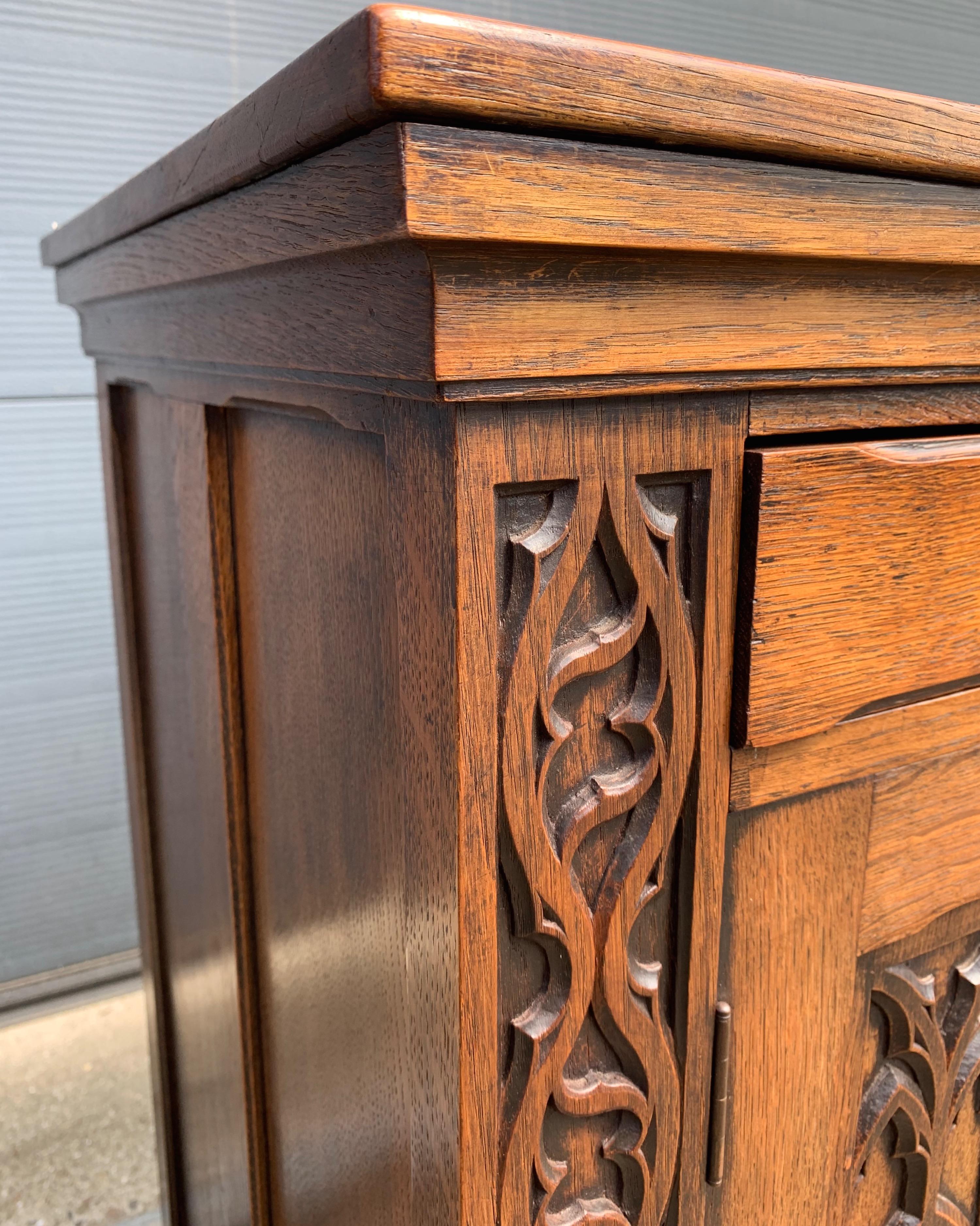 Hand-Carved Meaningful Gothic Revival Cabinet / Small Credenza with Praying Nun Sculptures