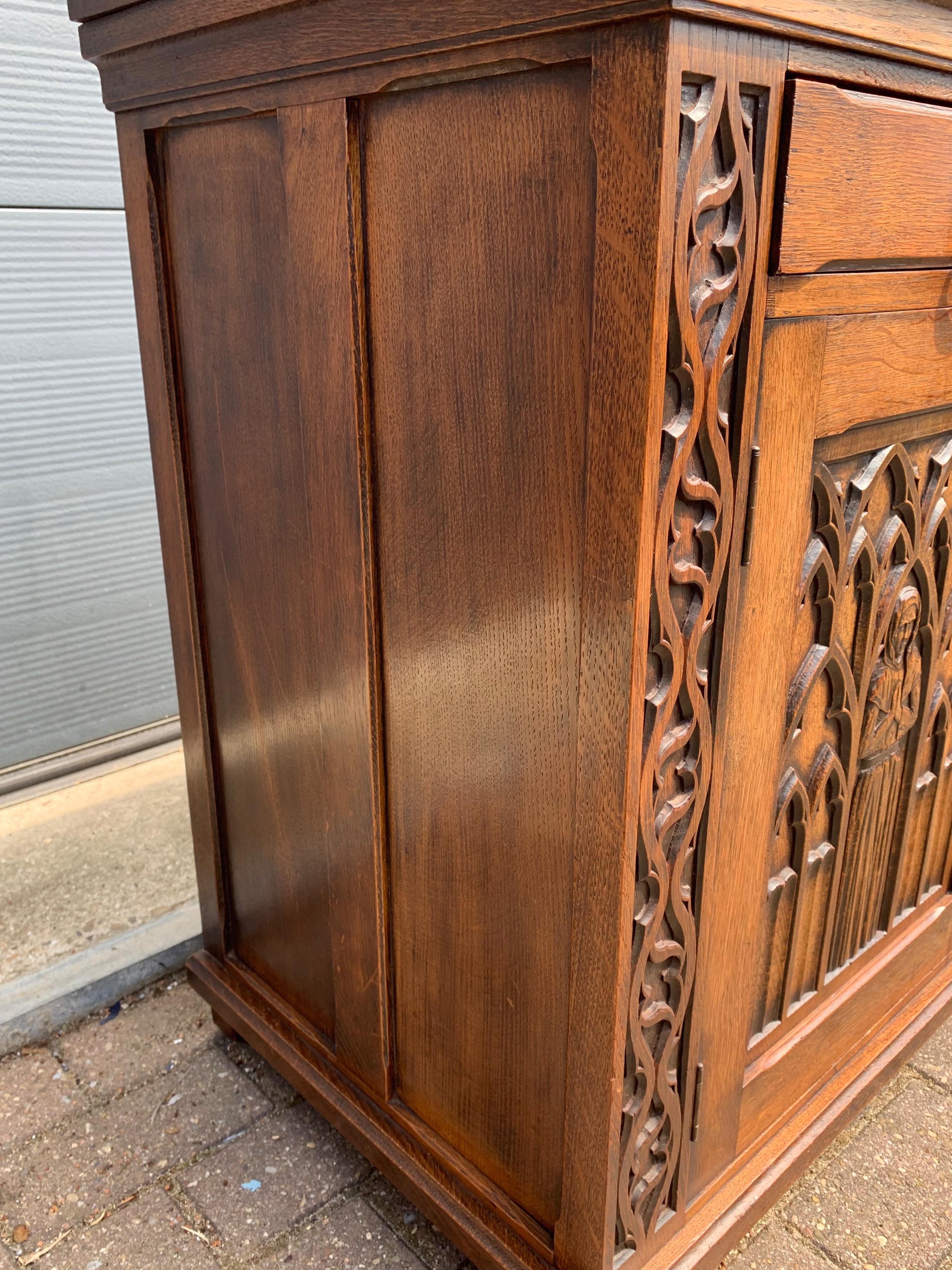 20th Century Meaningful Gothic Revival Cabinet / Small Credenza with Praying Nun Sculptures