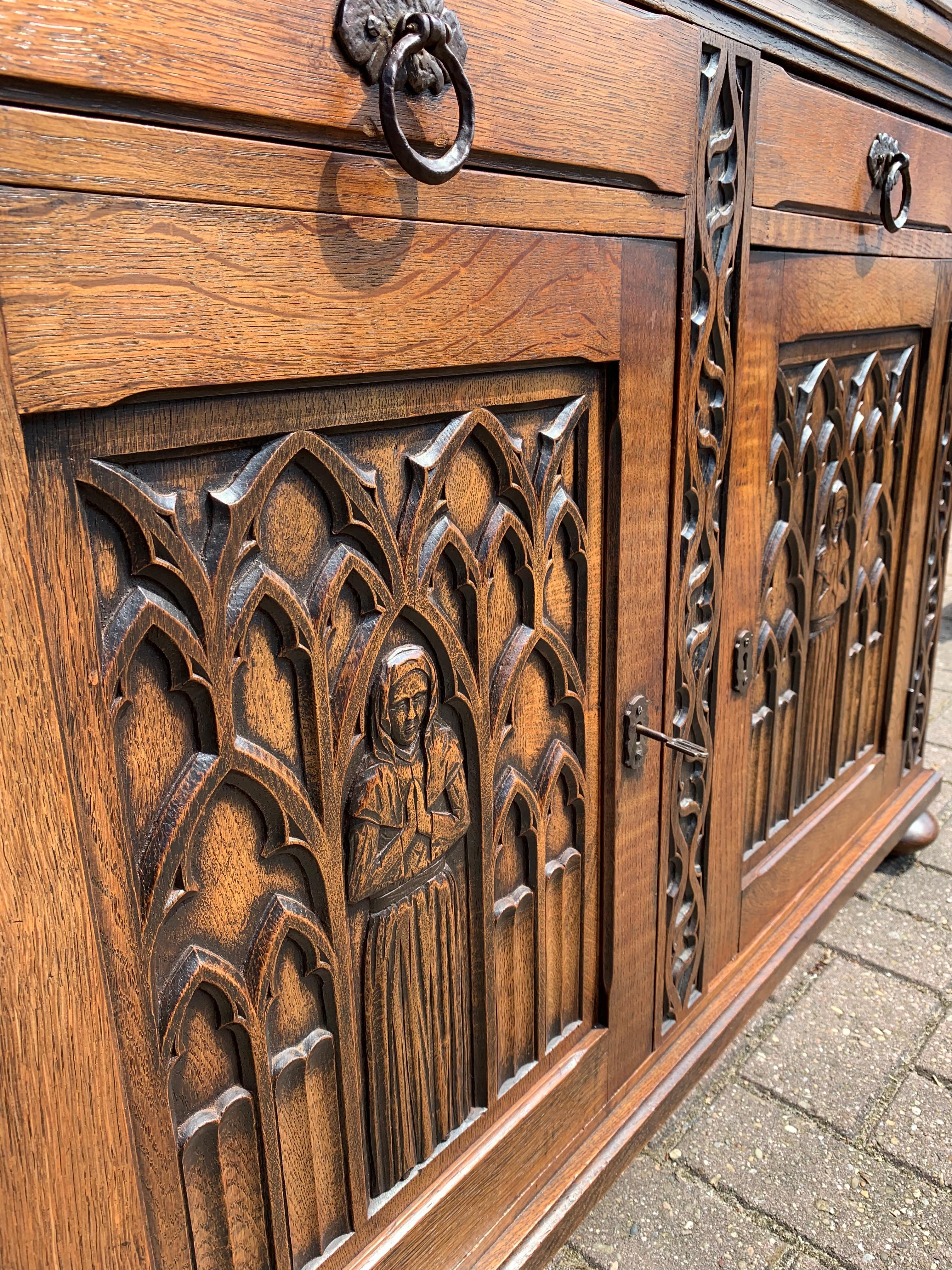 Wrought Iron Meaningful Gothic Revival Cabinet / Small Credenza with Praying Nun Sculptures