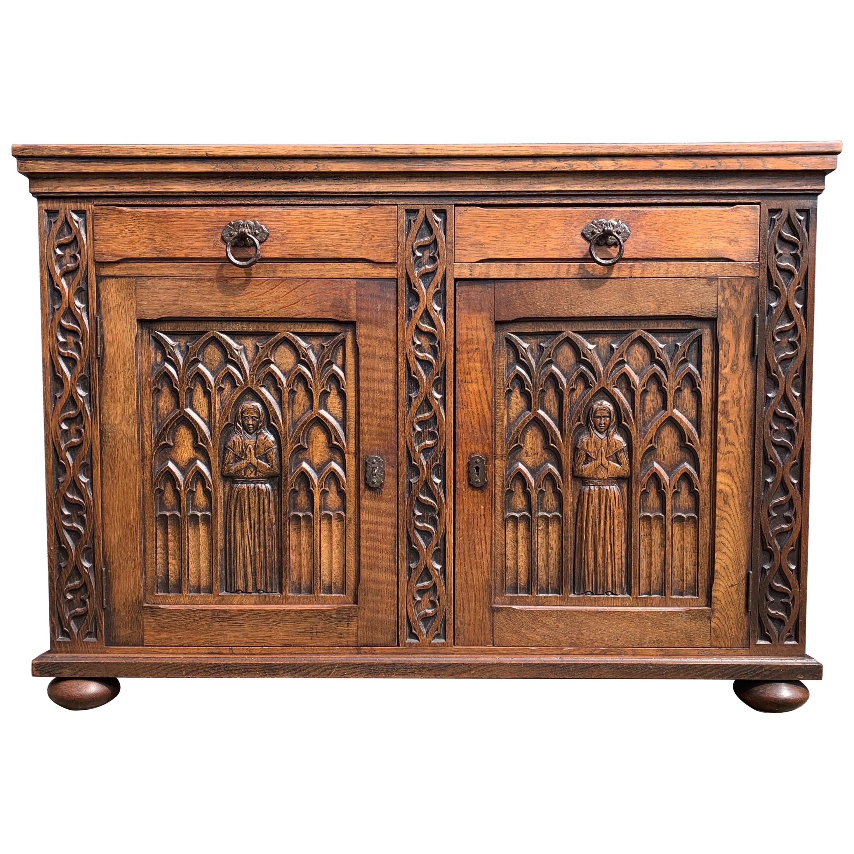 Meaningful Gothic Revival Cabinet / Small Credenza with Praying Nun Sculptures