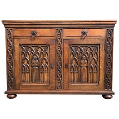 Antique Meaningful Gothic Revival Cabinet / Small Credenza with Praying Nun Sculptures