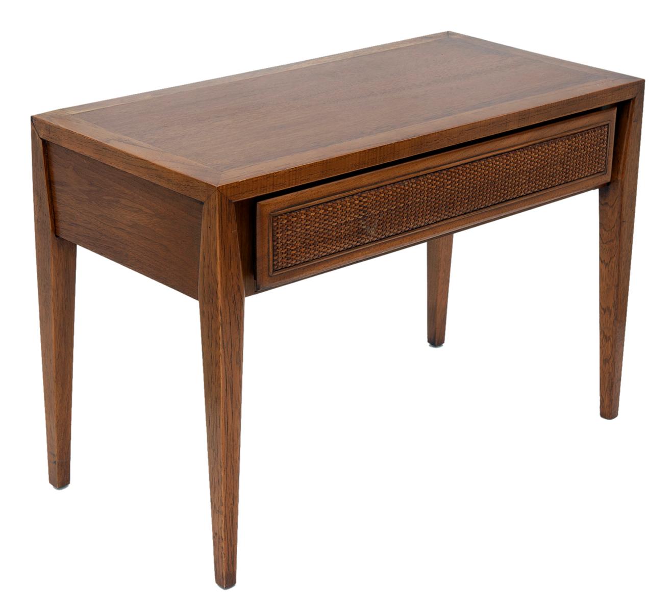 Midcentury Walnut Table with Wicker Drawer by Century In Good Condition For Sale In Malibu, CA
