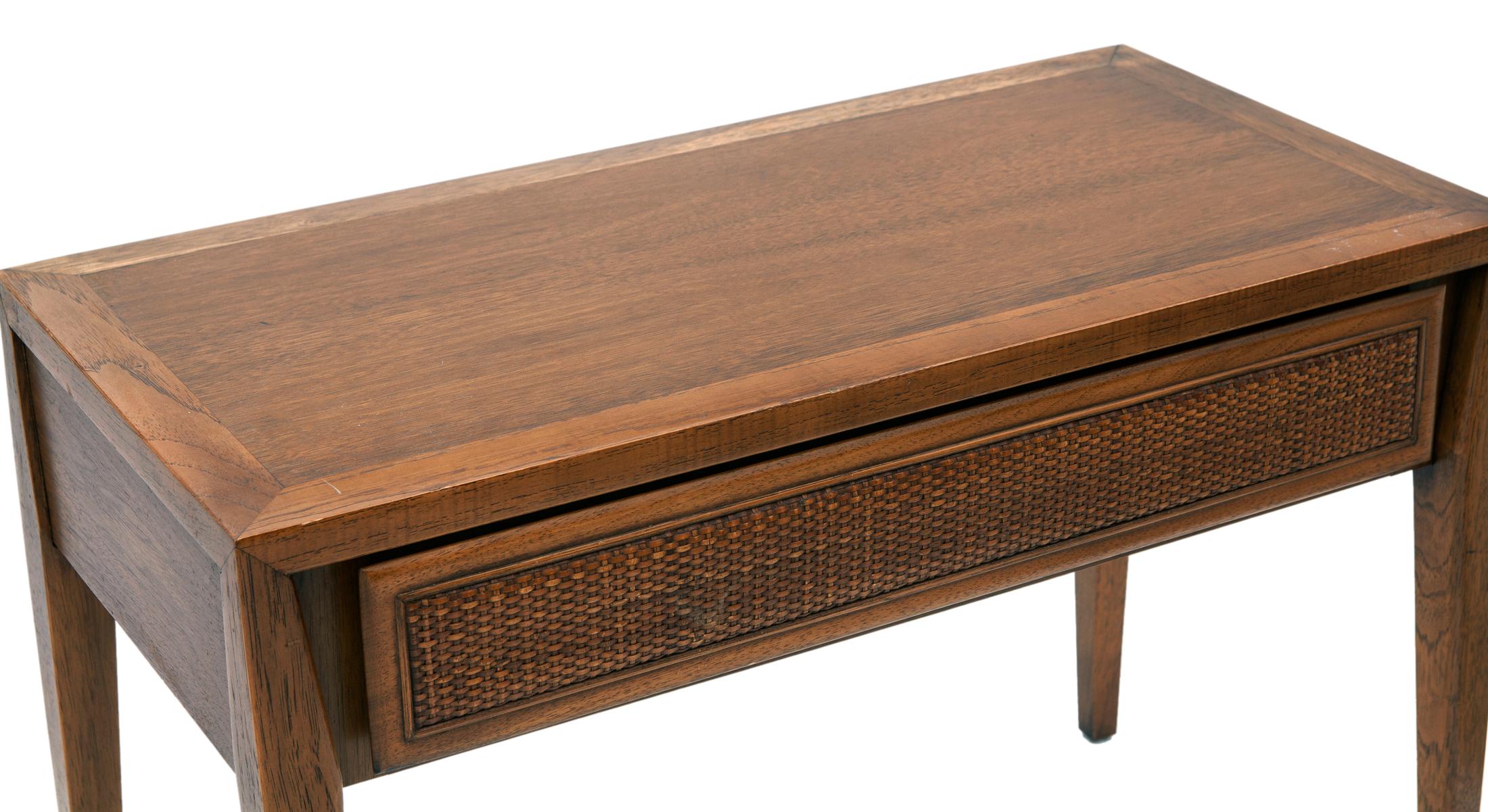 Midcentury Walnut Table with Wicker Drawer by Century For Sale 2