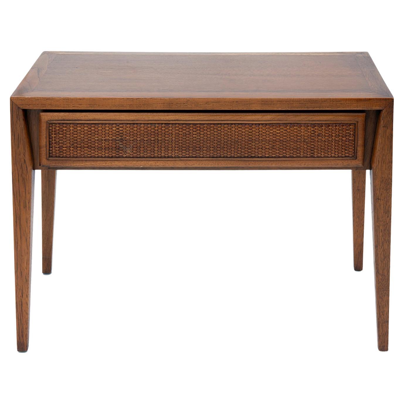 Midcentury Walnut Table with Wicker Drawer by Century For Sale