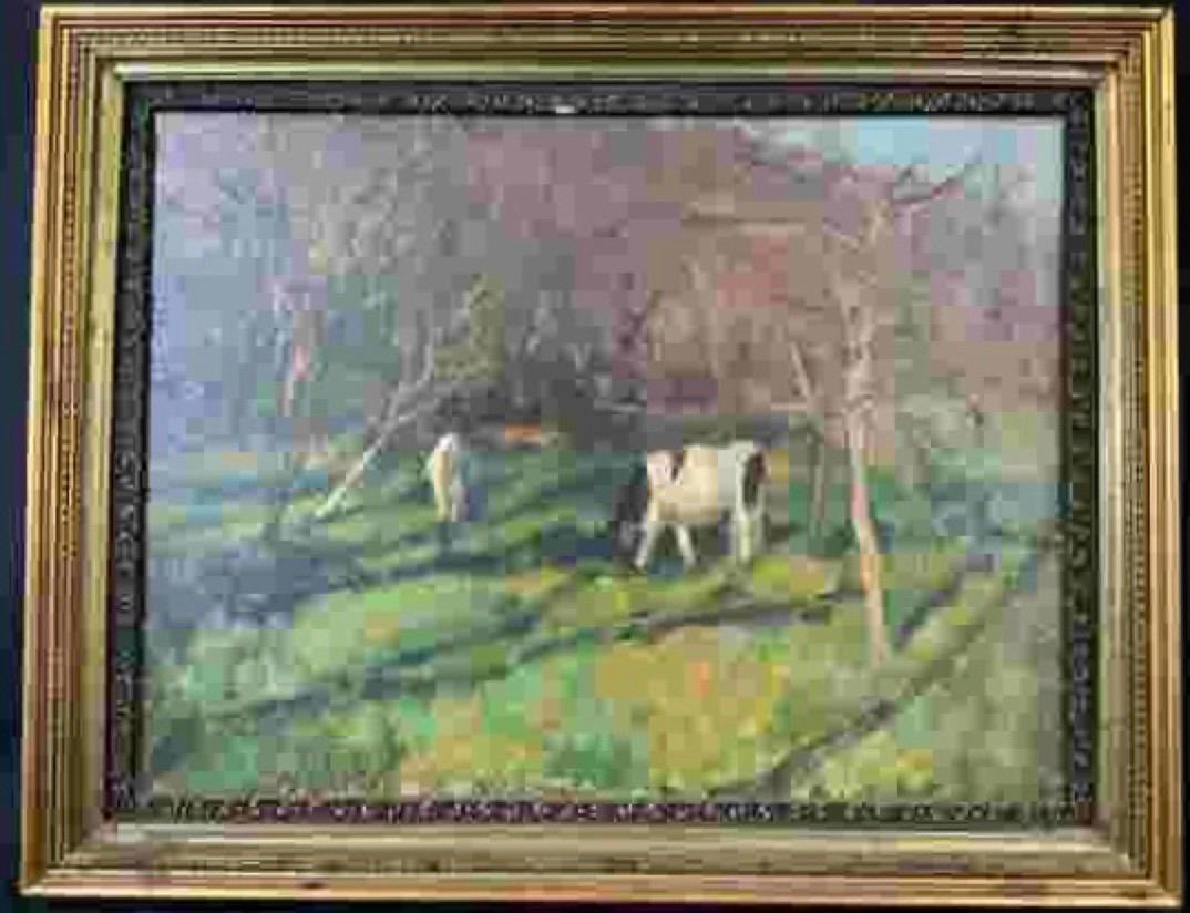 Susan Grisell, American artist, signed, oil on canvas, abstract art. Impressionist-esque depiction of two cows standing amongst trees, measures 22 1/2 x 28 1/2 inches in gilt wood frame. Landscape, 20th century art, contemporary art.
Ornate  wooden