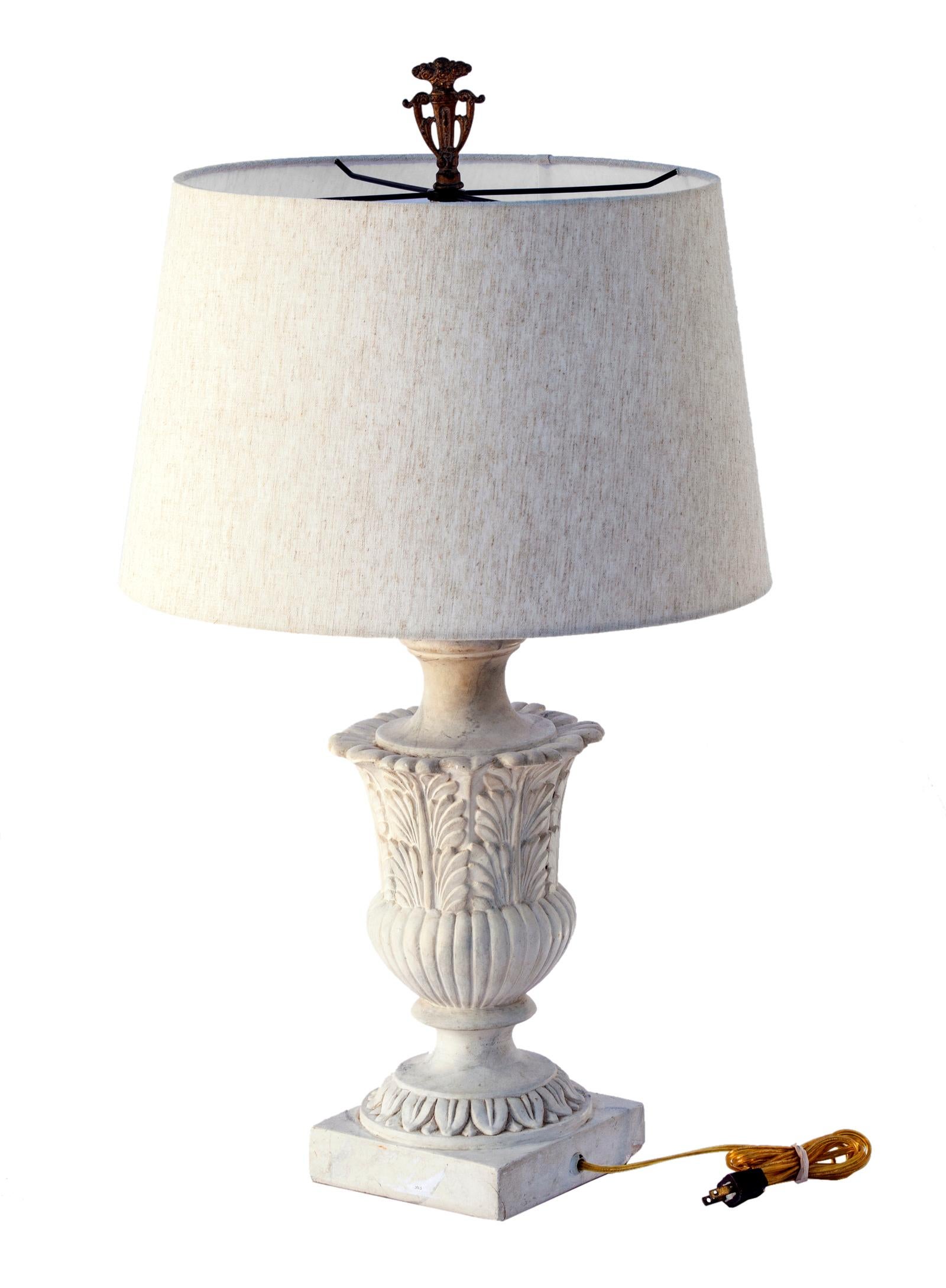 Neoclassical Revival Faux White Marble Lamp White Linen Shade For Sale