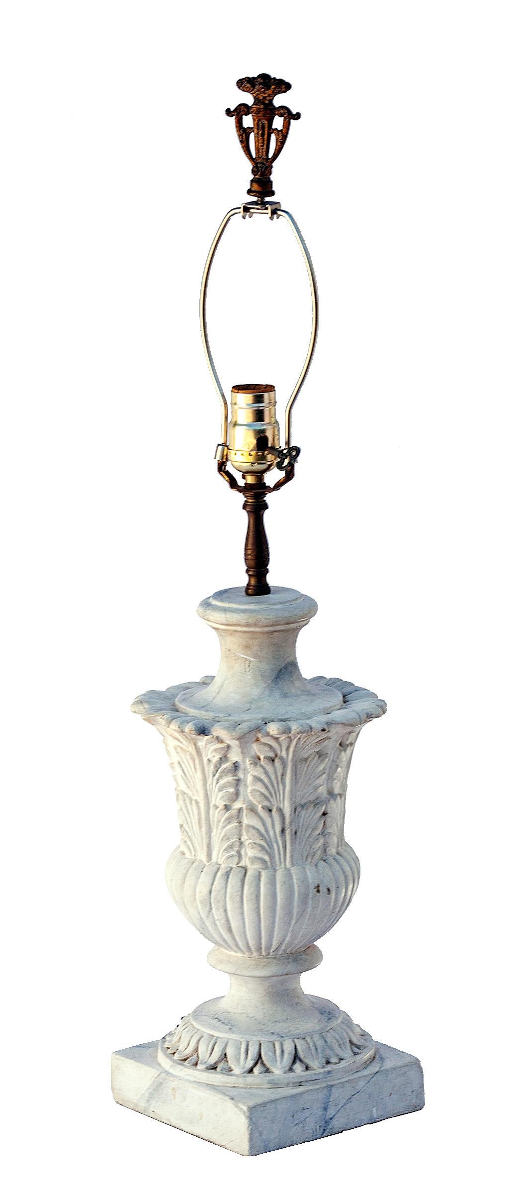 Cast Faux White Marble Lamp White Linen Shade For Sale