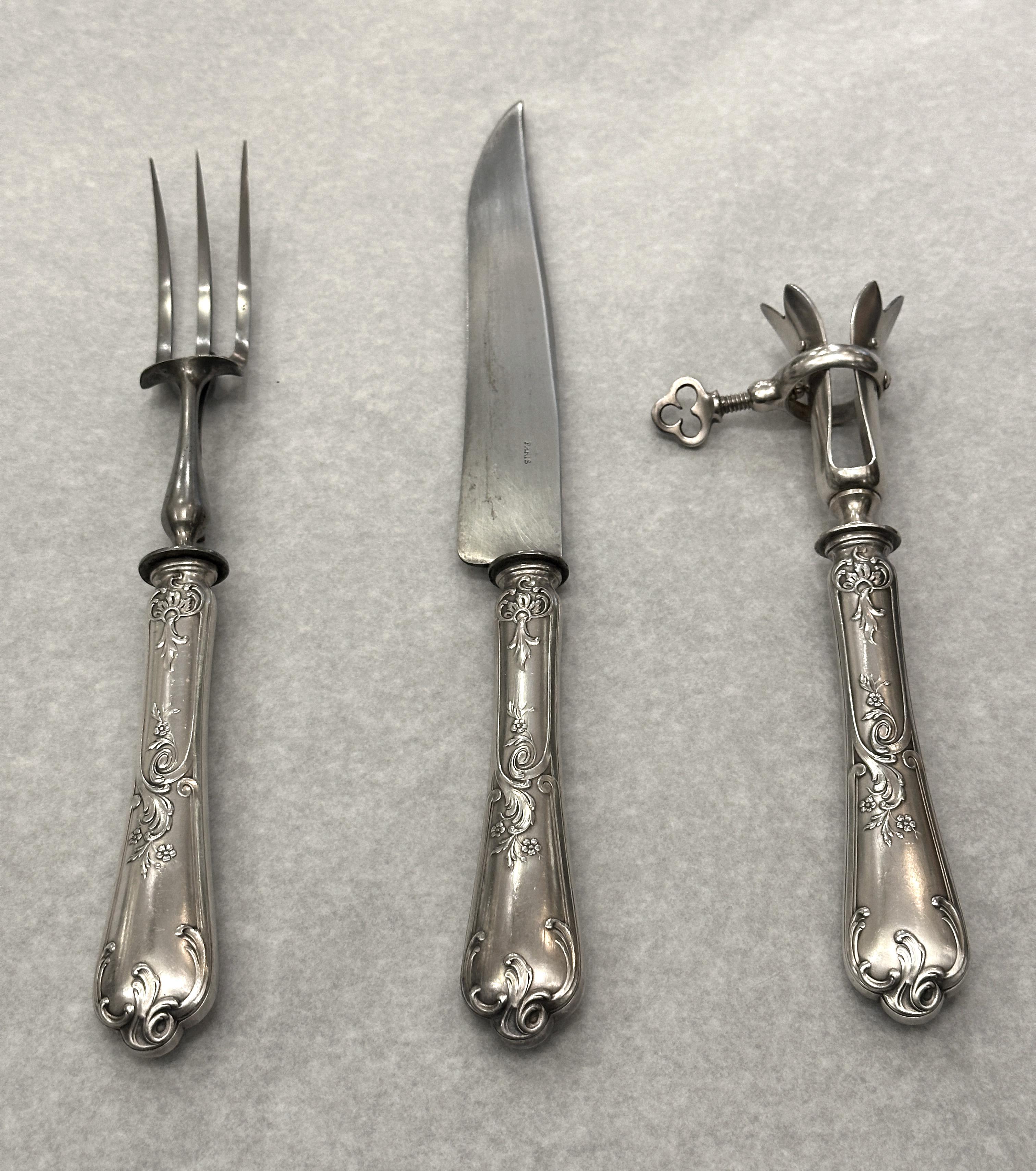 Meat carving service set from 1900, 3 pieces silver, Paris For Sale 2