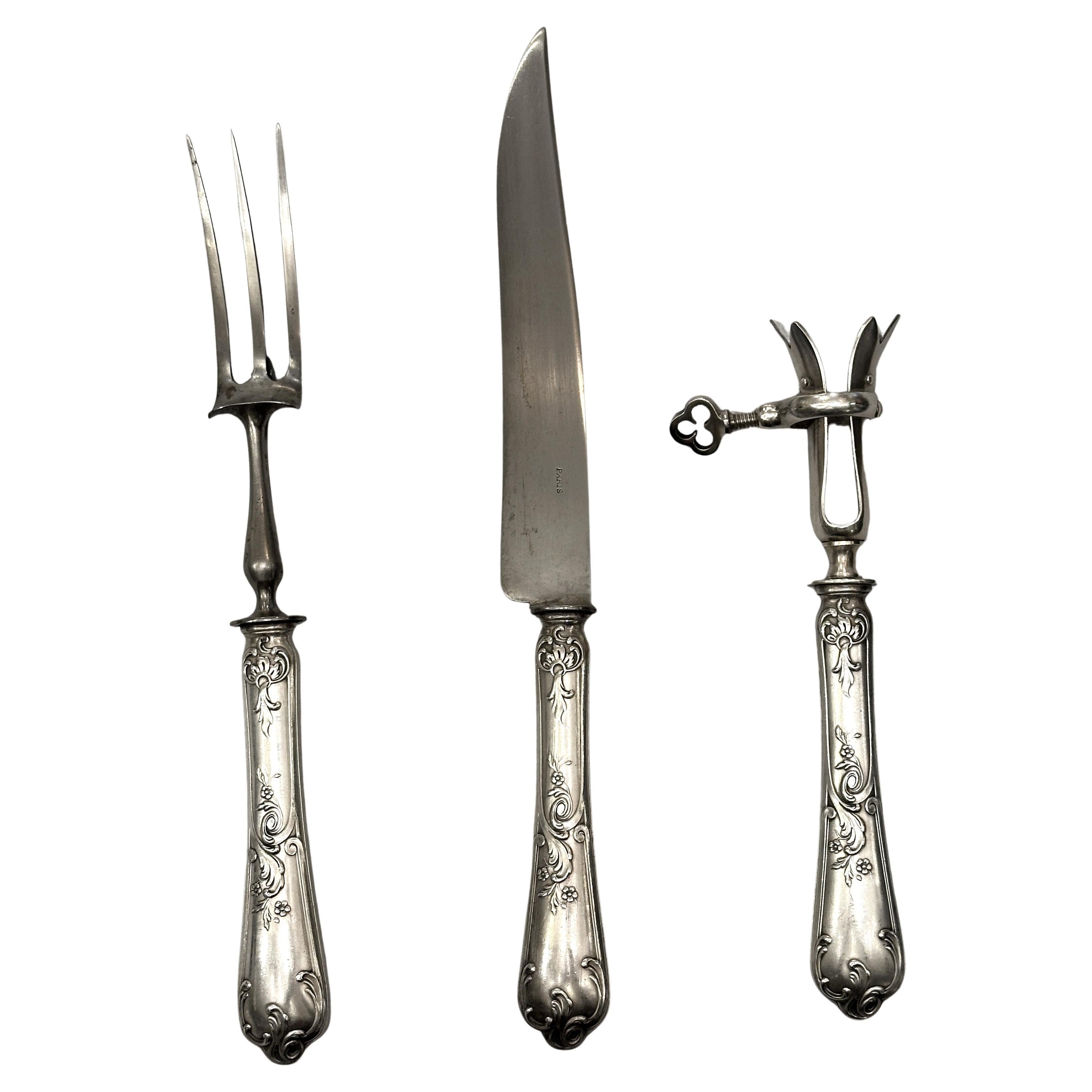 Meat carving service set from 1900, 3 pieces silver, Paris