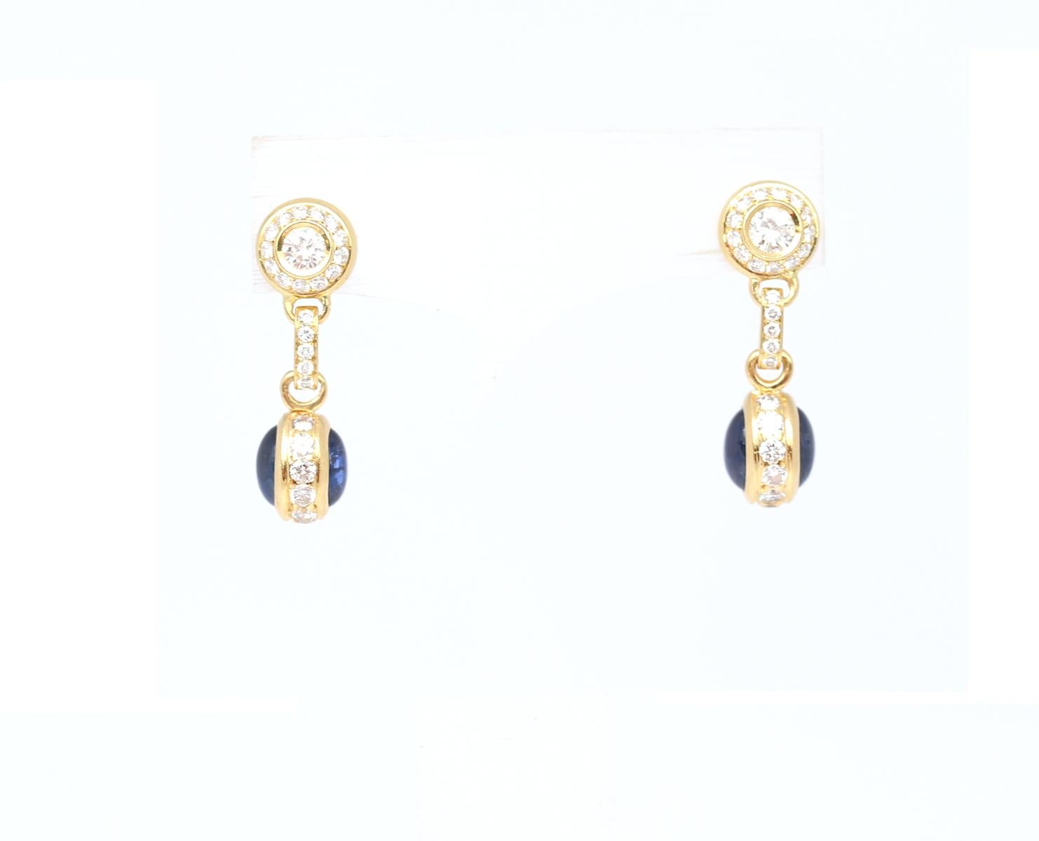 Sapphire Cabochon Diamond Earrings 18K Yellow Gold by Mecan Elde, France. Really fine and delicate earrings by a modern French Jewelry house of Mecan. Fine clear Diamonds. Each part of the earrings is moving freely to capture the motion of the head.