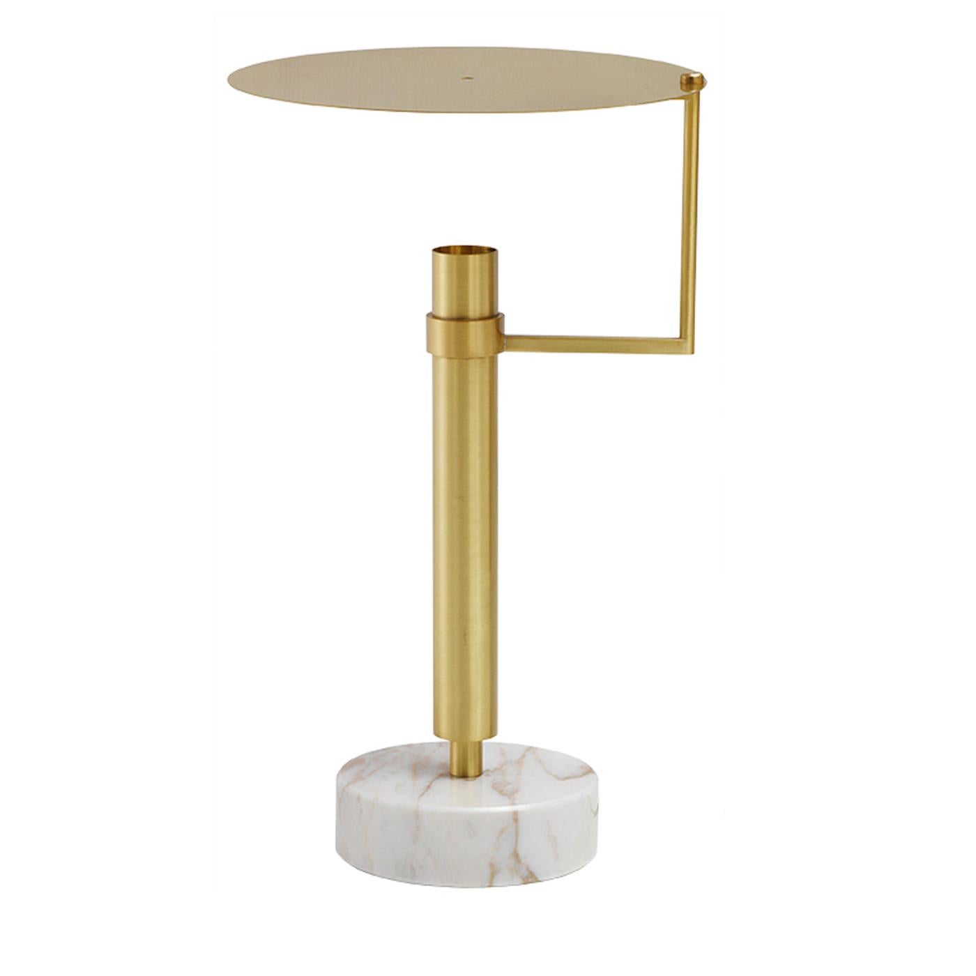Simultaneously irreverent, chic and luxurious, the Meccano table lamp makes for a perfect accent in an entryway. On a round Emperador marble base, the lamp is crafted in brass with a satin finish and features an original disk to diffuse light in an