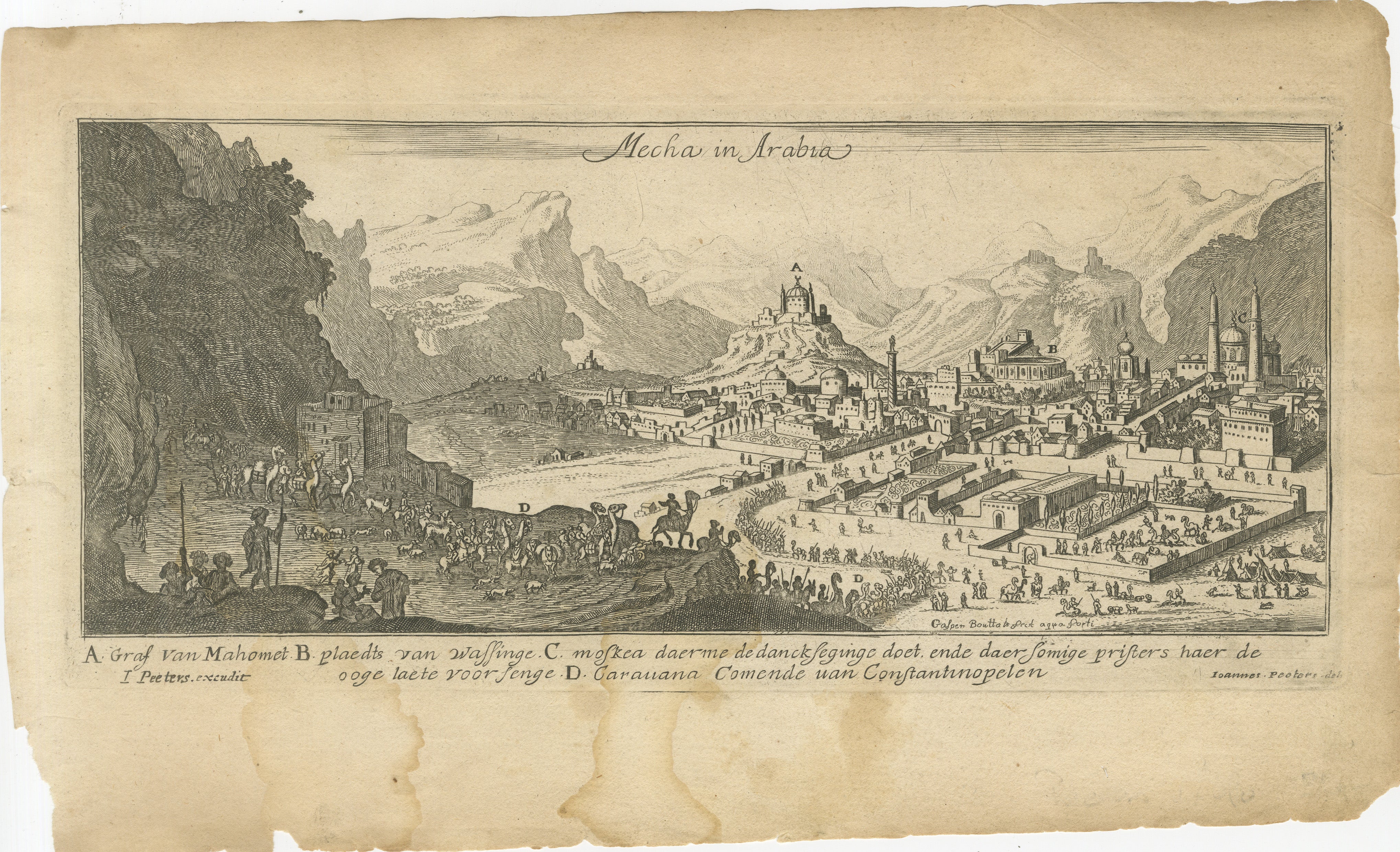 Titel: Mecha in Arabien - Kupferstich von Gaspar Bouttats nach Jan Peeters, Antwerpen, um 1680  

Beschreibung:  Dieser Kupferstich zeigt eine detaillierte Ansicht von Mekka in Arabien und hebt die ikonischen Strukturen der Stadt hervor, darunter