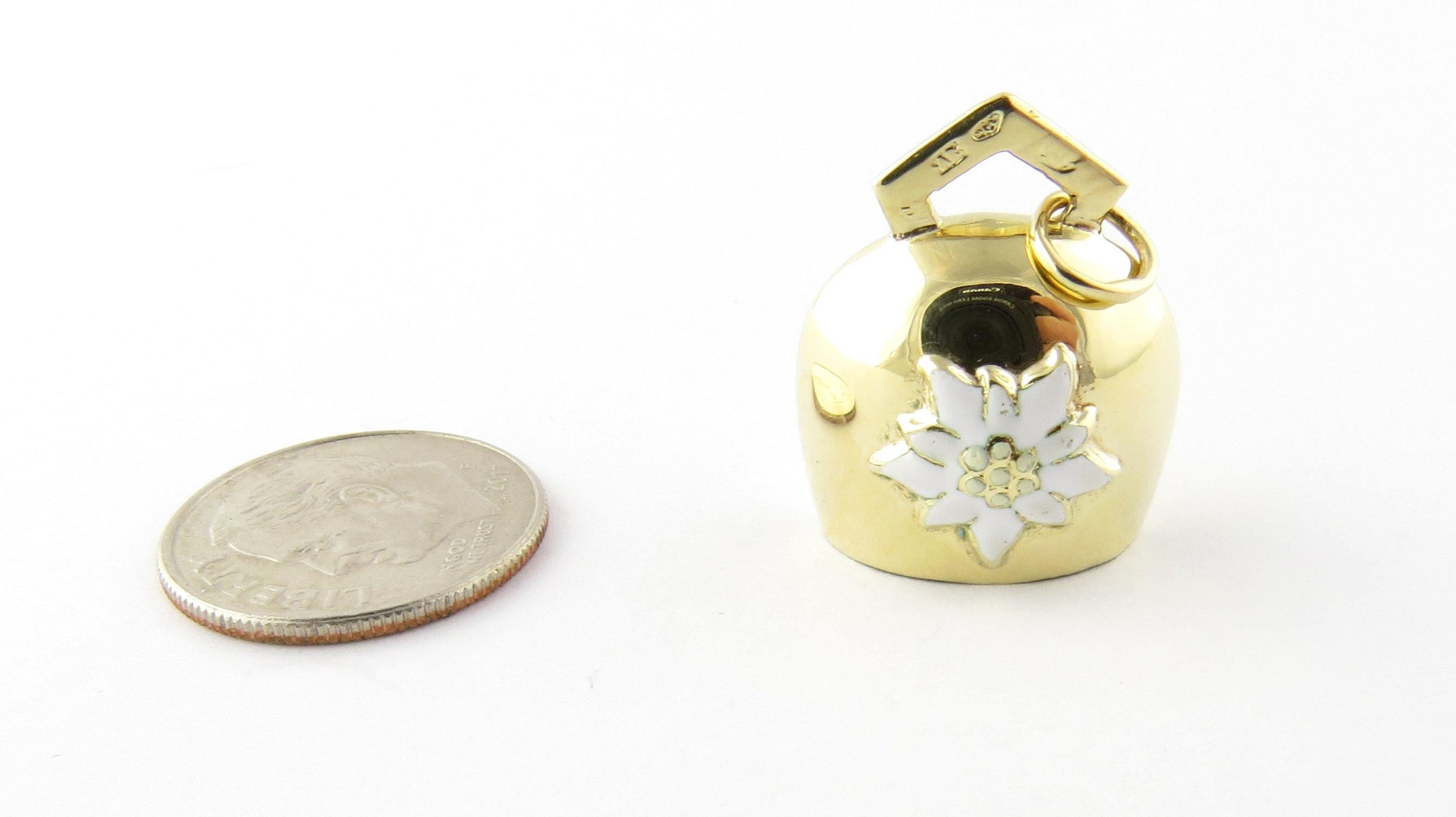 Mechanical 14 Karat Yellow Gold Bell with Edelweiss Flower Charm In Good Condition In Washington Depot, CT