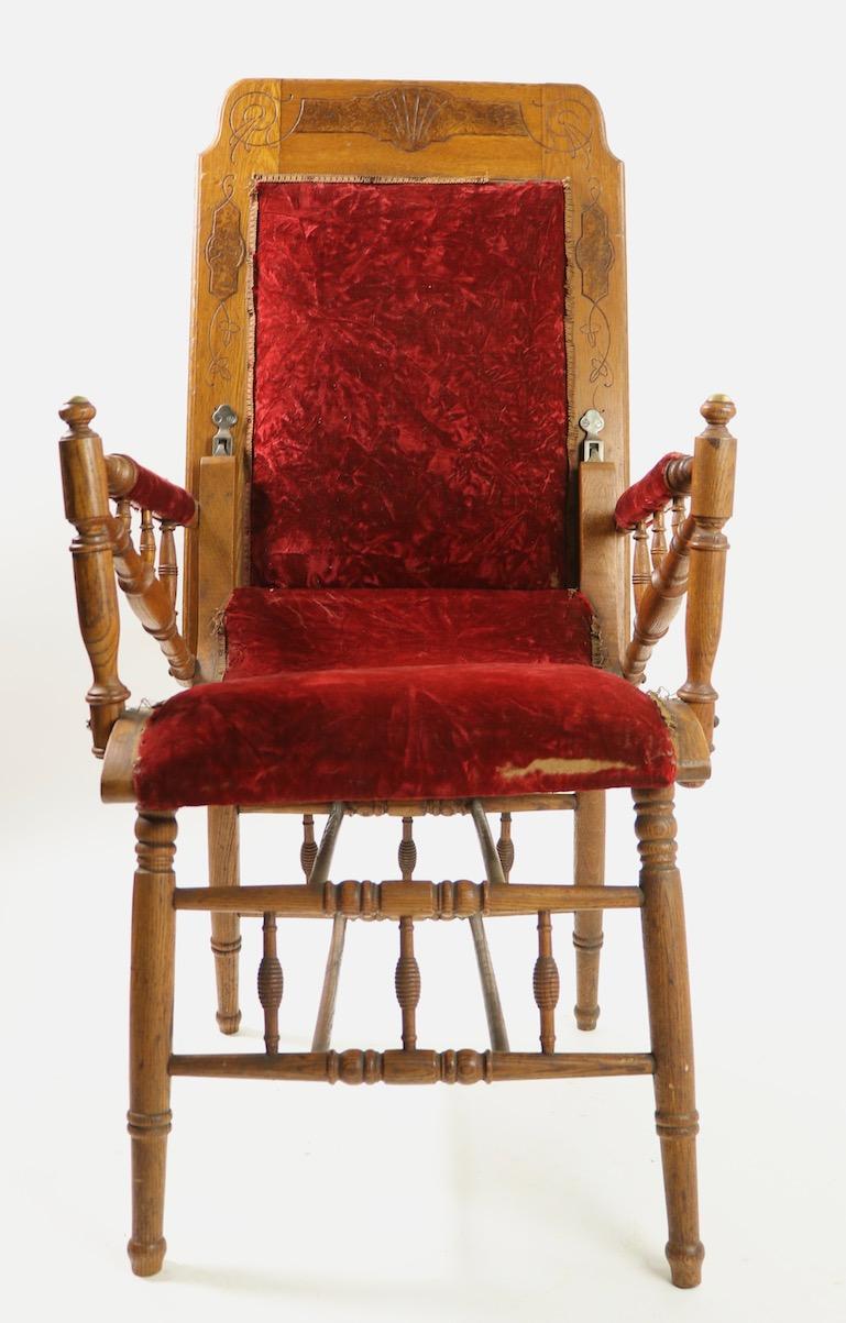Interesting mechanical folding chair/table from the Victorian period. The chair backrest folds down to become a table surface, this style known as patent, or proto furniture was popular in the late 19th century and is considered to be an early