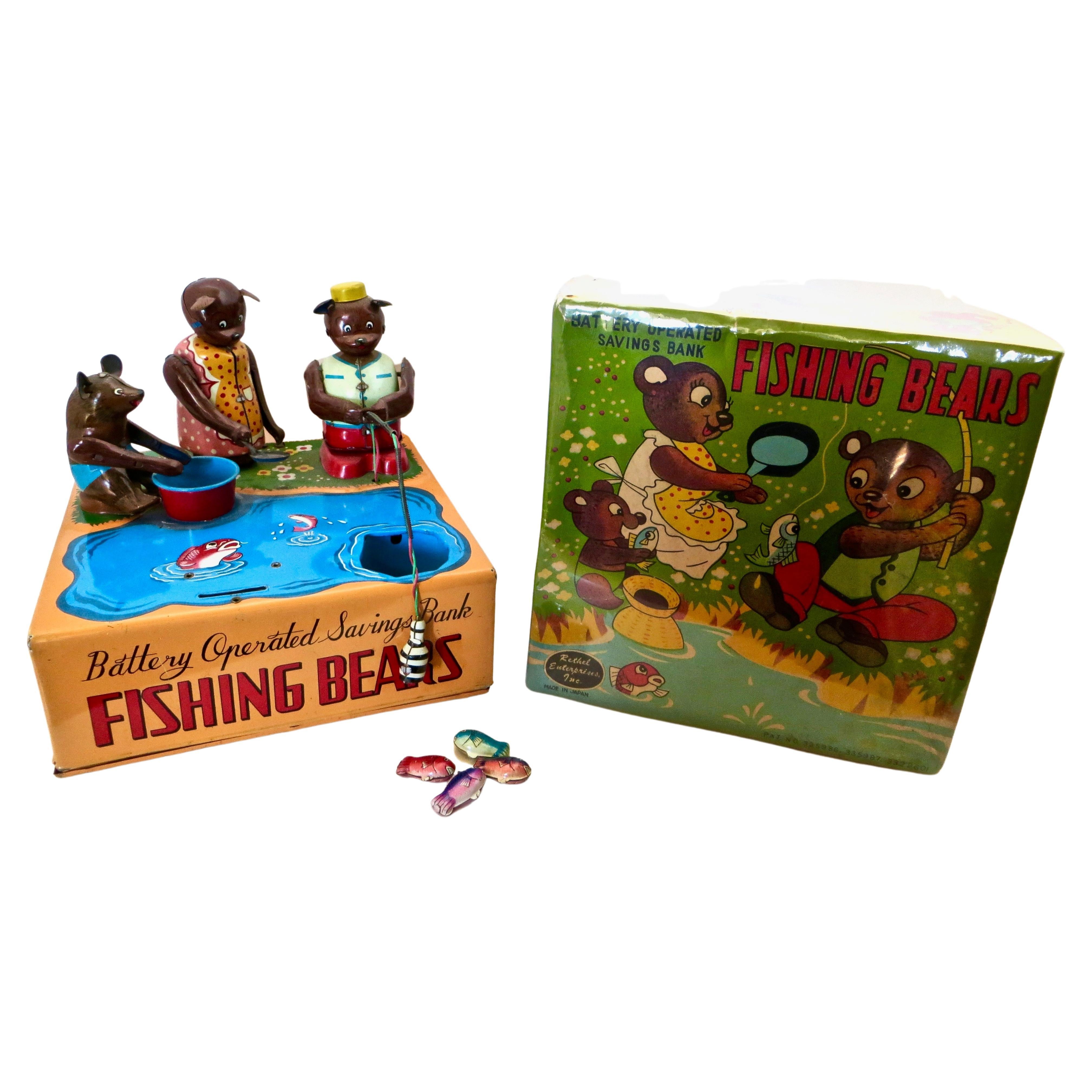Mechanical Bank "Fishing Bears" Battery Operated with Original Box, circa 1950s For Sale
