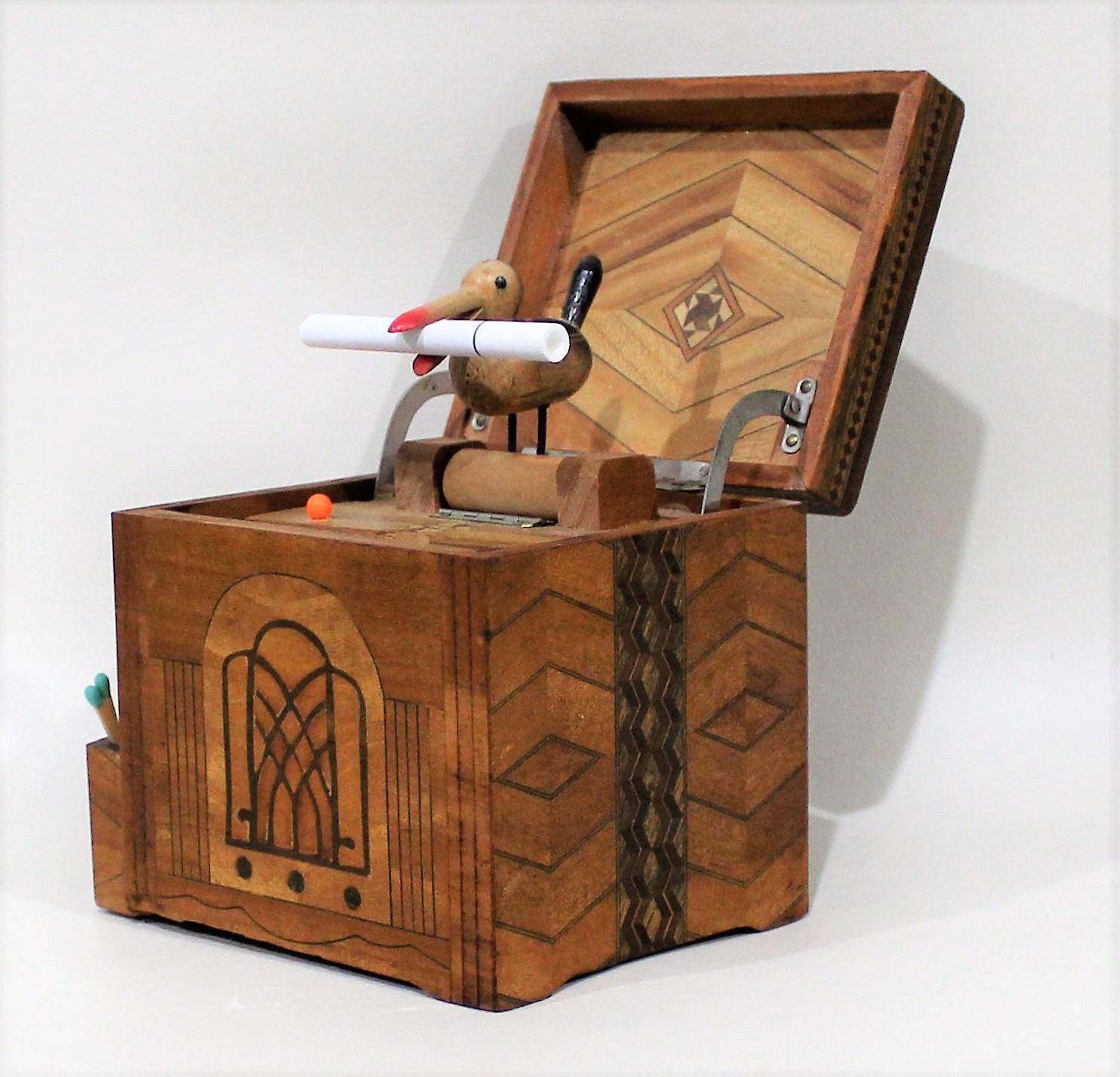 20th Century Mechanical Cigarette Dispenser Box with Marquetry Inlay