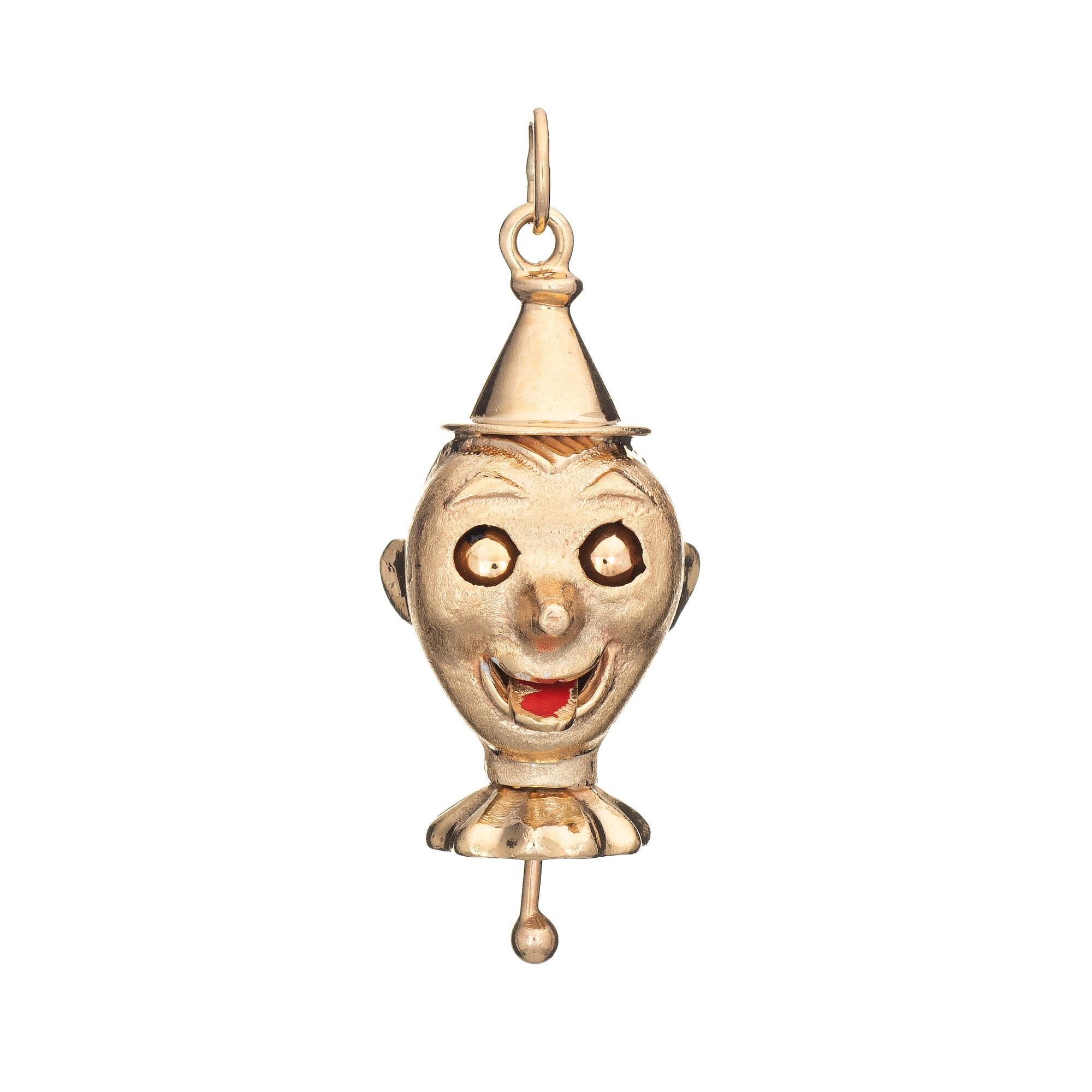 Mechanical Clown Charm Vintage 14k Yellow Gold Enamel Pendant Moveable Jewelry In Good Condition In Torrance, CA