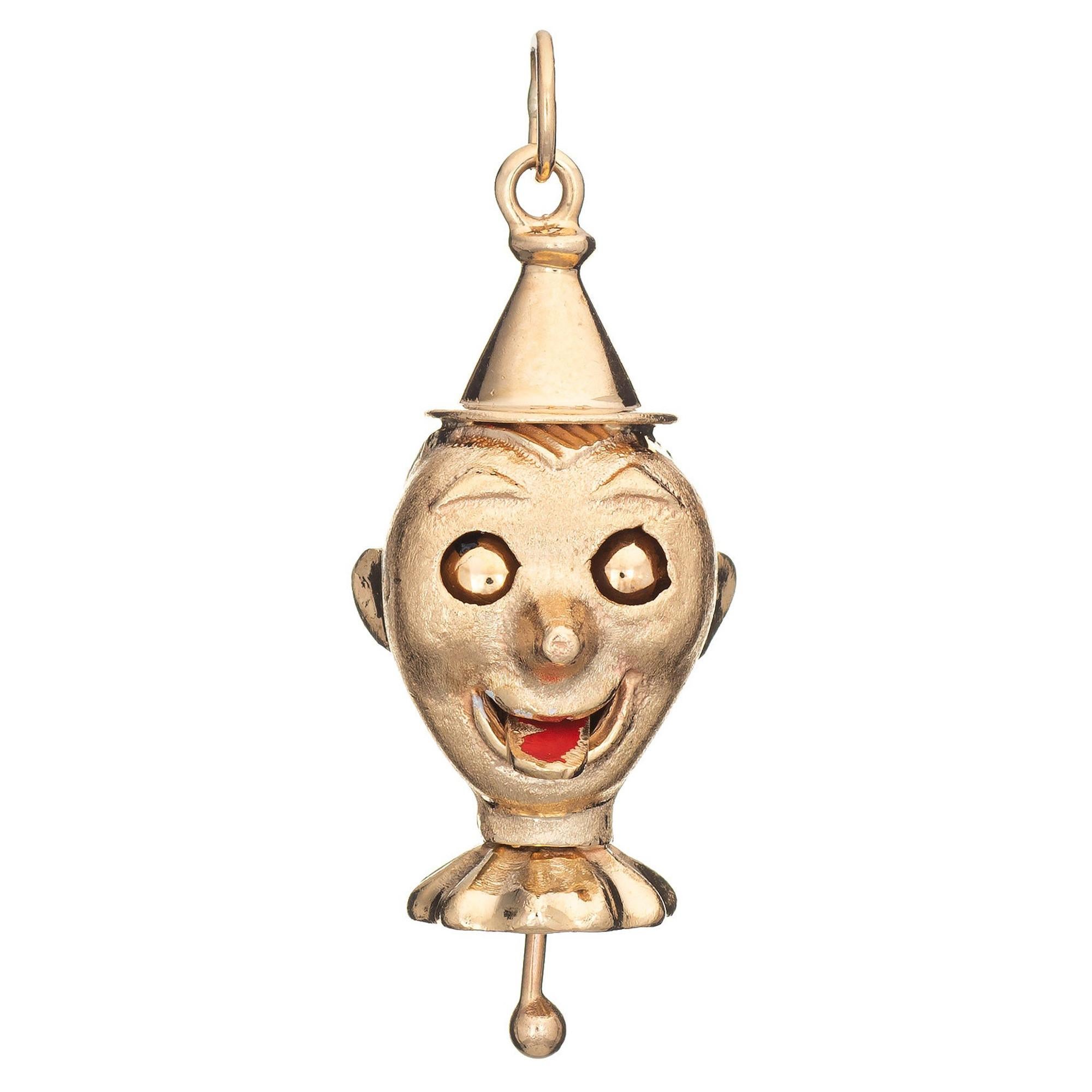 Mechanical Clown Charm Vintage 14k Yellow Gold Enamel Pendant Moveable Jewelry