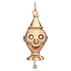 Mechanical Clown Charm Vintage 14k Yellow Gold Enamel Pendant Moveable Jewelry