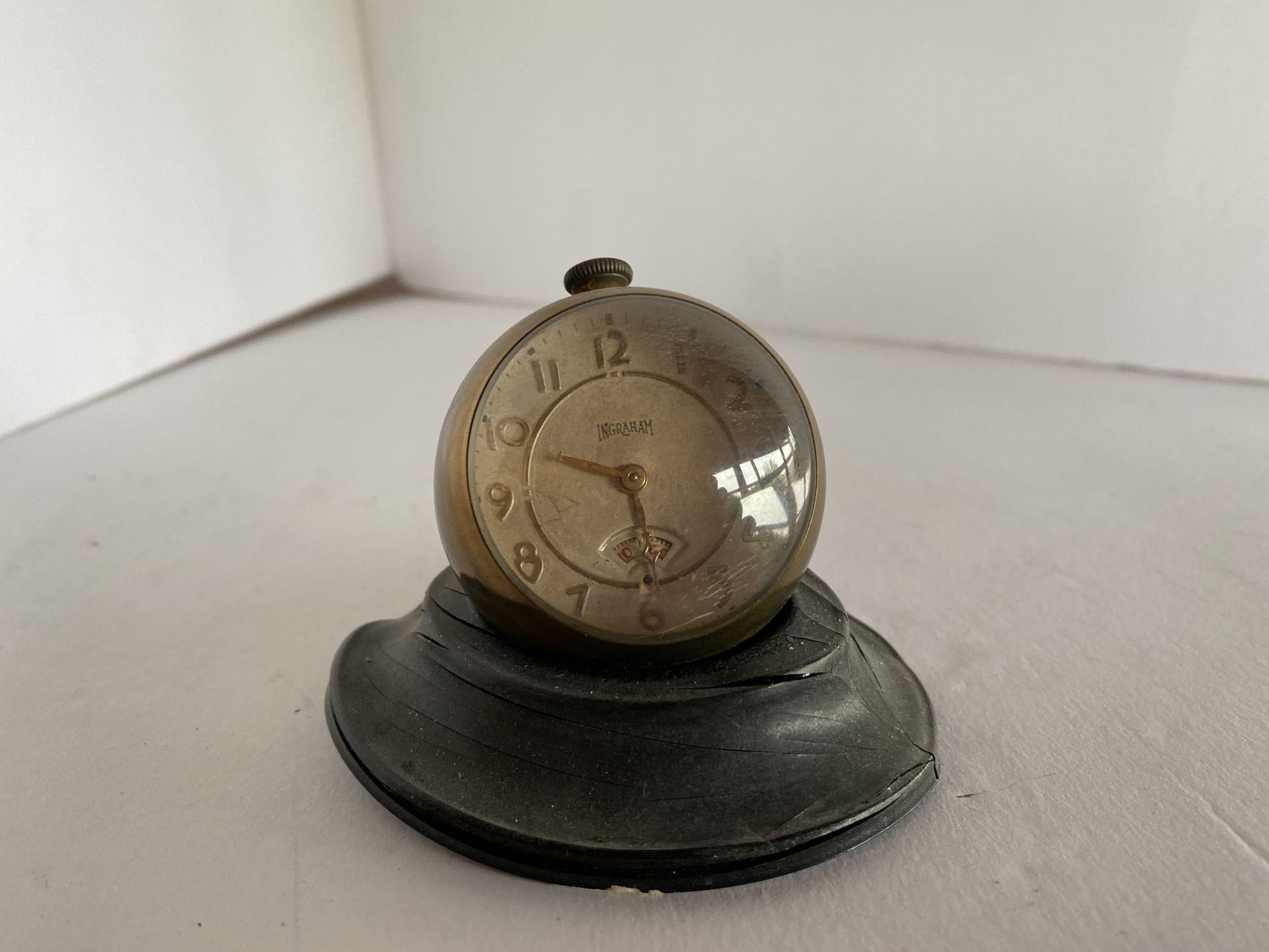 Brass Mechanical Wind Up Ingraham Desk Small Ball Clock, circa 1900 For Sale