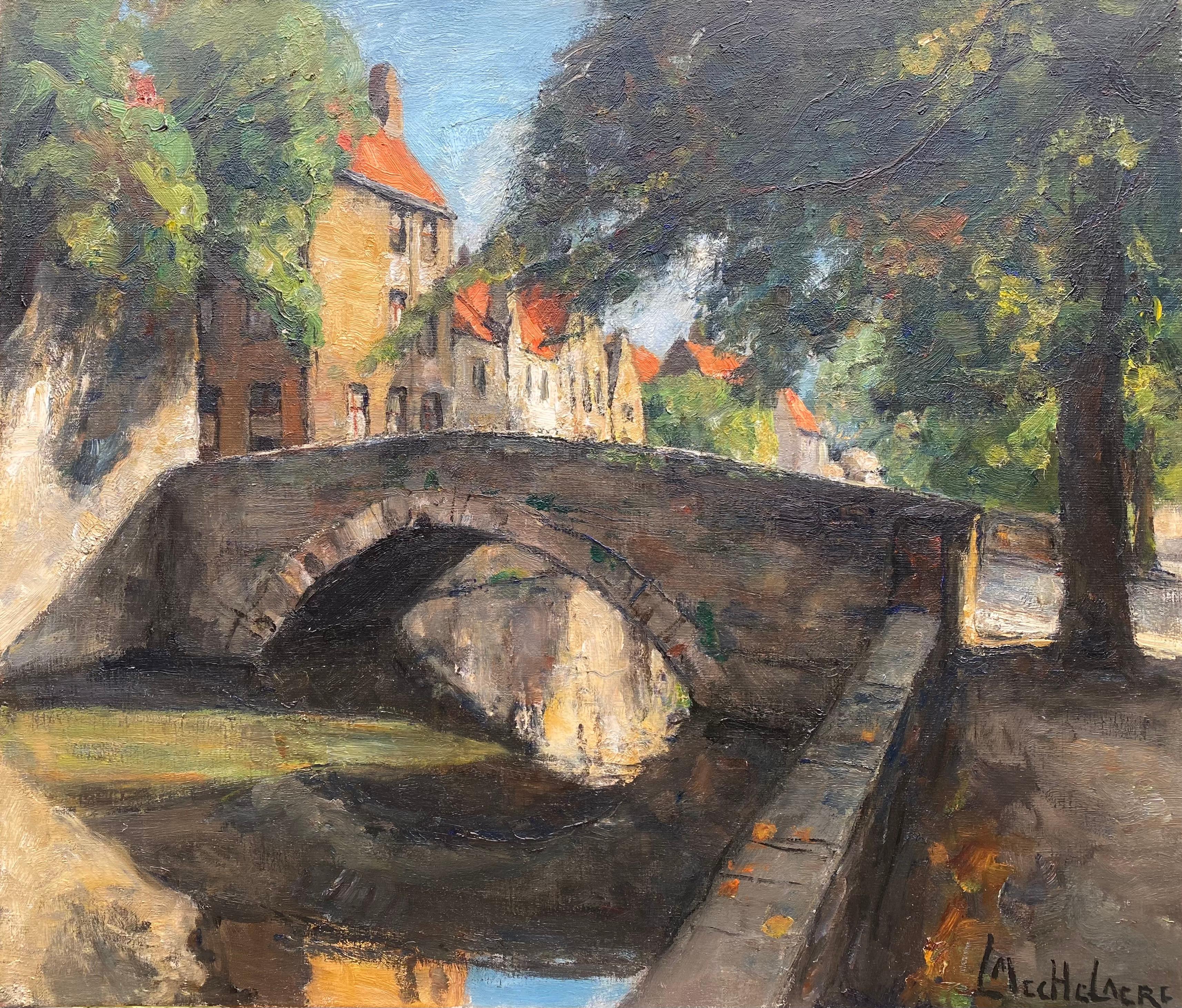 Landscape Painting di Mechelaere Leo - 'Una veduta di Bruges' di Leo Mechelaere, Bruges 1880 - 1964 Erlangen, Firmato