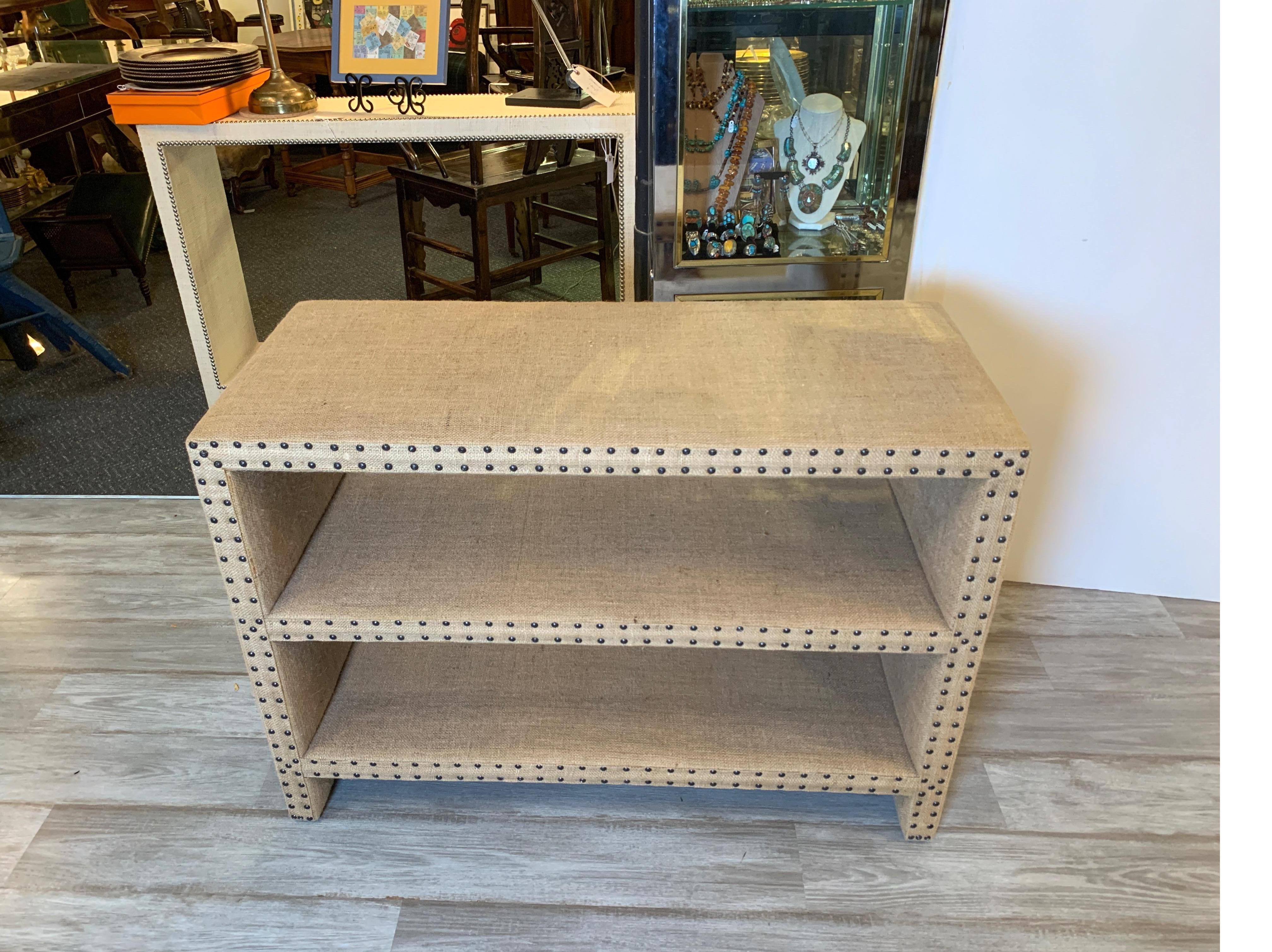 Mecox Bookshelf Covered in Burlap with Nailheads 7