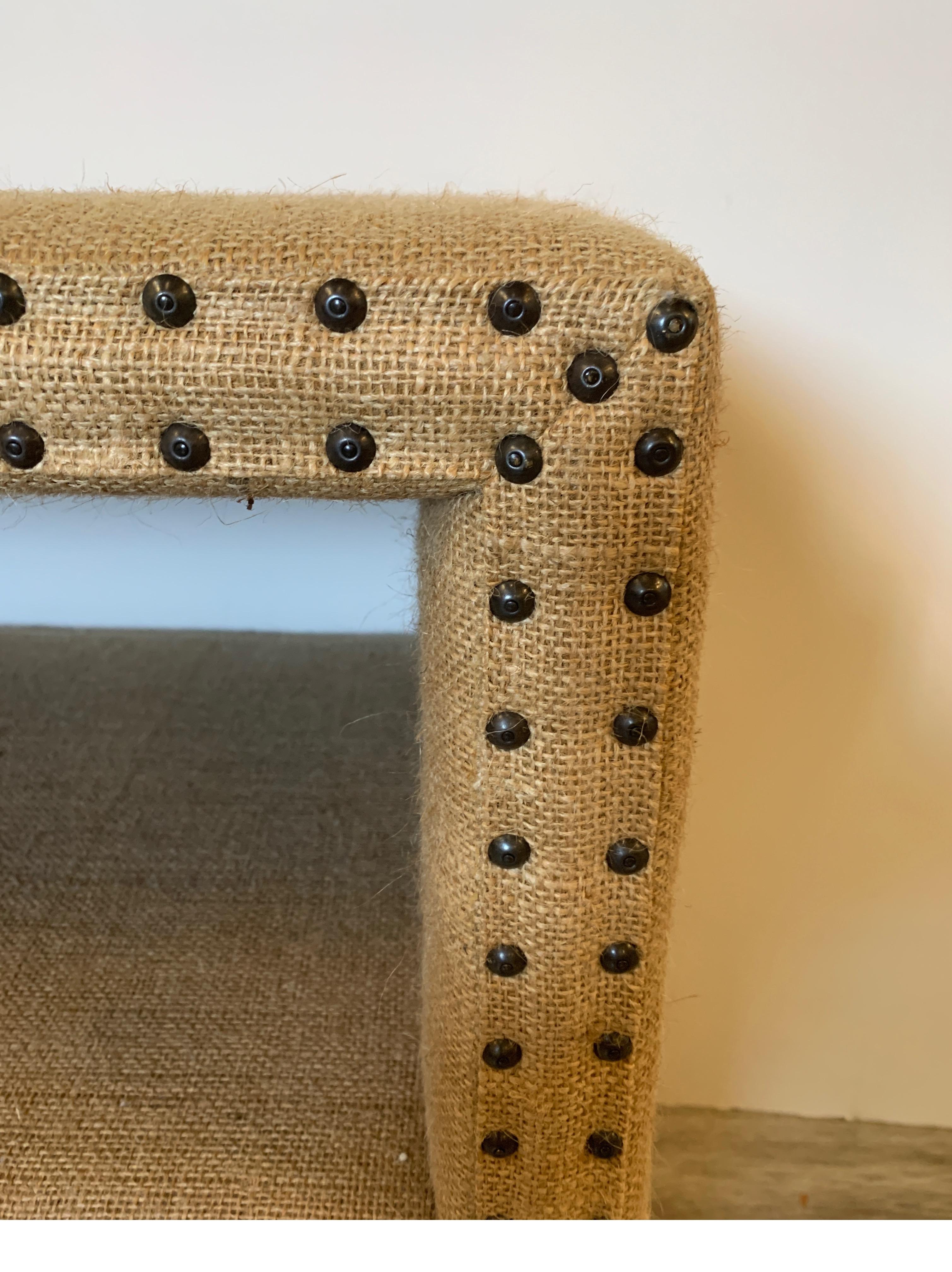 Contemporary Mecox Bookshelf Covered in Burlap with Nailheads