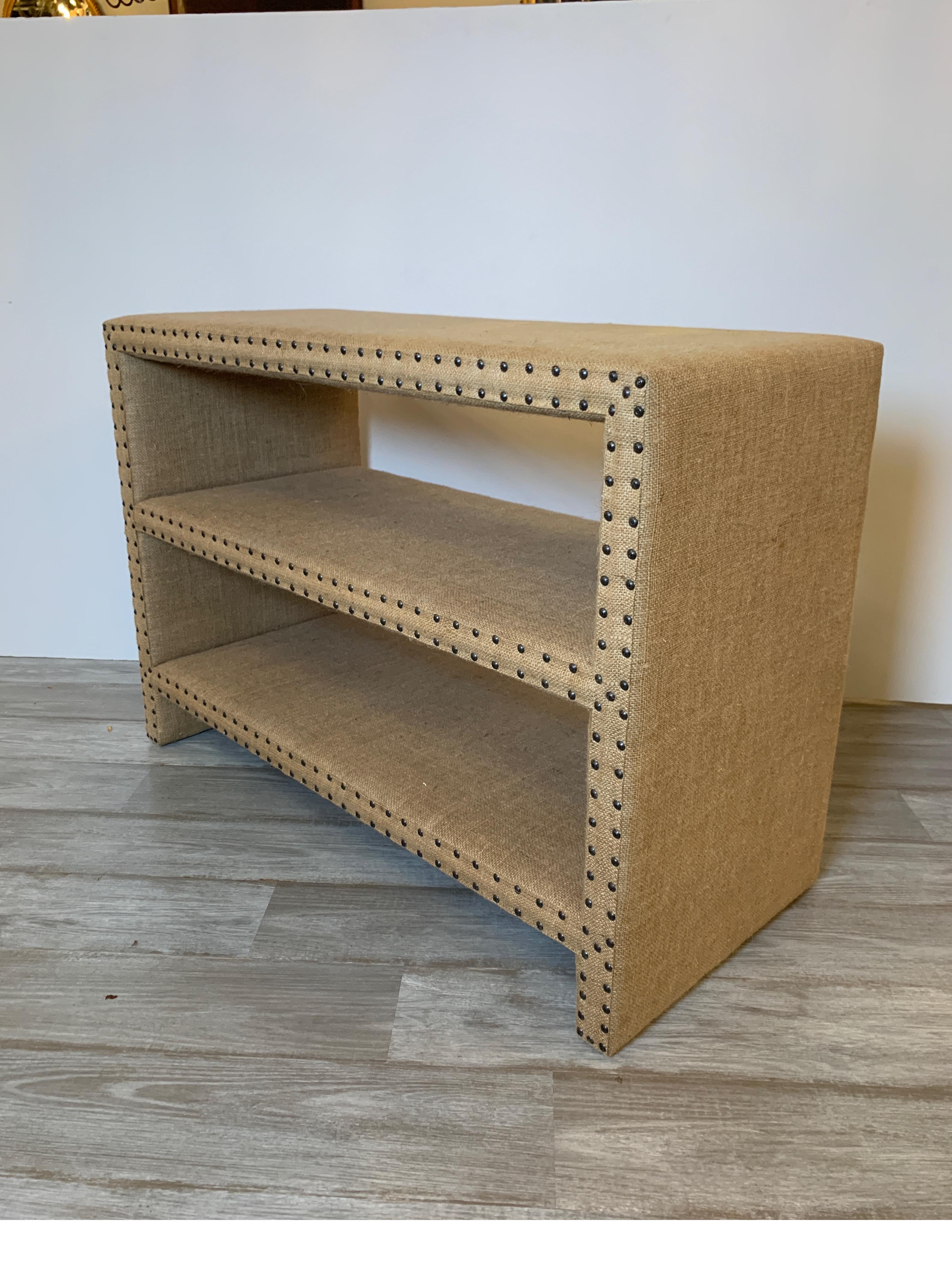 Mecox Bookshelf Covered in Burlap with Nailheads 1