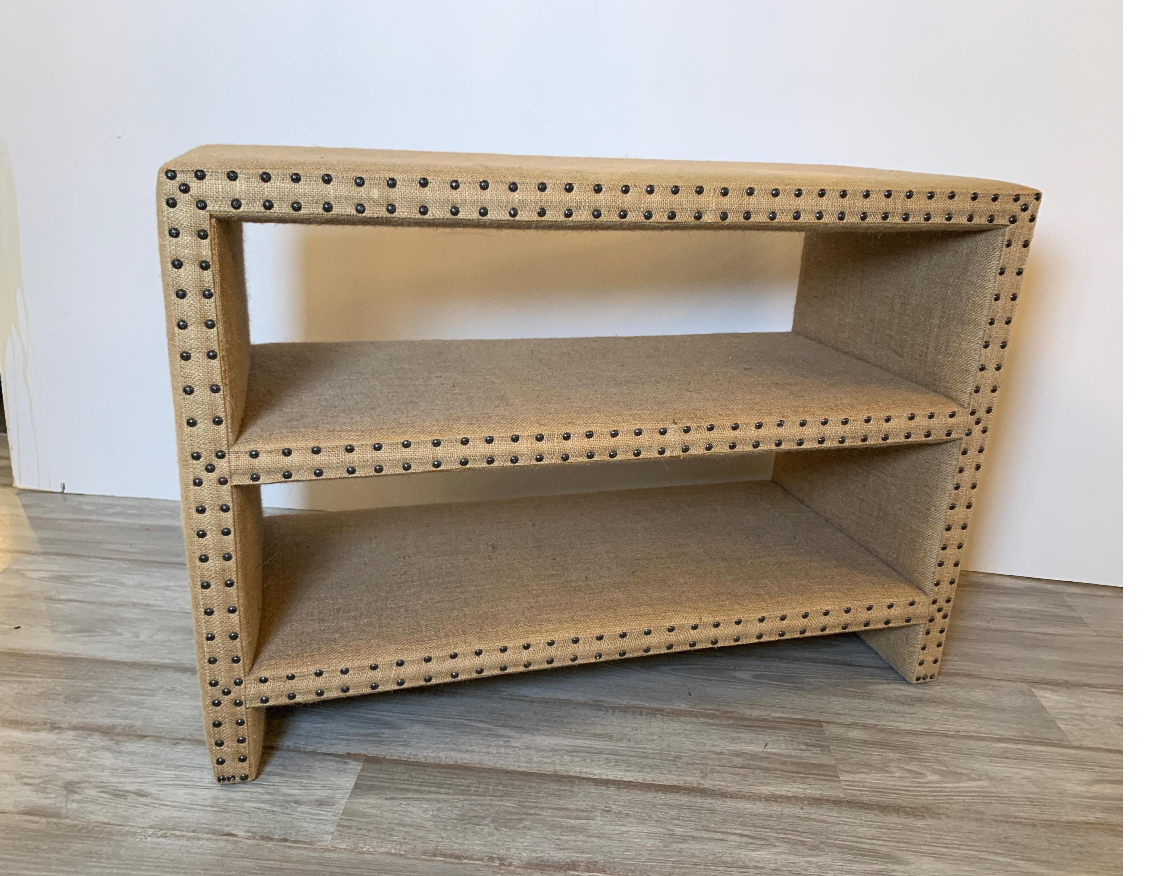 Mecox Bookshelf Covered in Burlap with Nailheads 3